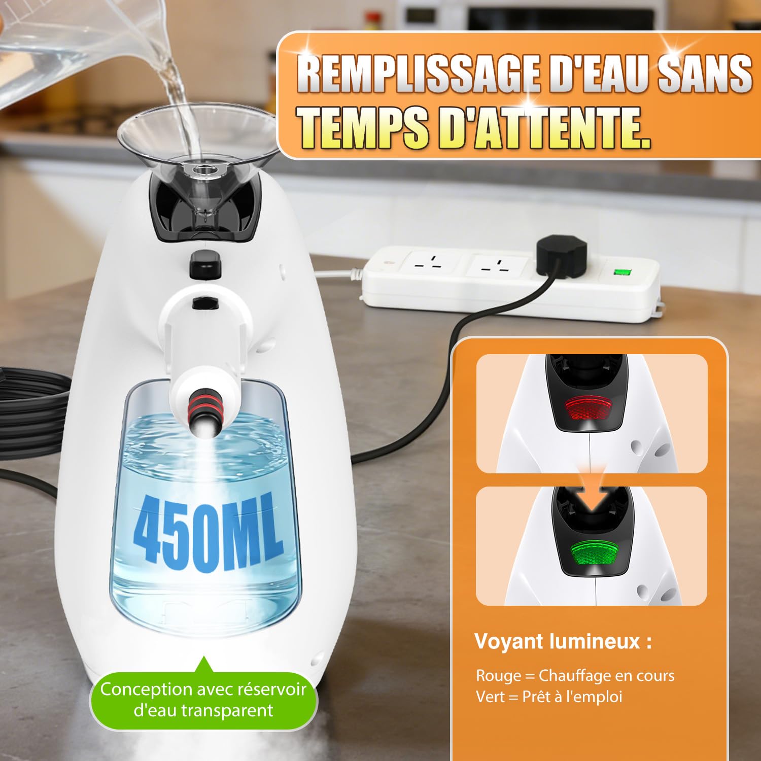 Pulitore a vapore portatile, detergente a vapore multifunzione 1500 W con riscaldatore in 10 s, serbatoio 450 ml, 11 accessori per cucina, bagno, vetri, guarnizioni, divano e auto