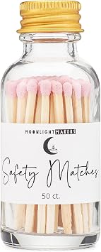 Moonlight Makers Fancy Matches in Jar - 50 Wooden Safety Matches, Decorative Glass Match Jar with Striker, Reusable Matchstick Holder, Gold Lid Match Jars for Bathroom, Candles, Home Decor - Pink