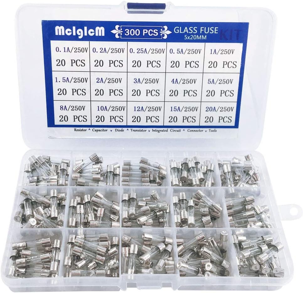 300 Pcs 5 x 20mm Fast-Blow Glass Fuses Assorted, 125V/ 250V 0.1A/ 0.25A/ 0.2A/ 0.5A/ 1A/ 1.5A/ 2A/ 3A/ 4A/ 5A/ 8A/ 10A/ 12A/ 15A/ 20A Tube Fuses, 15 Values