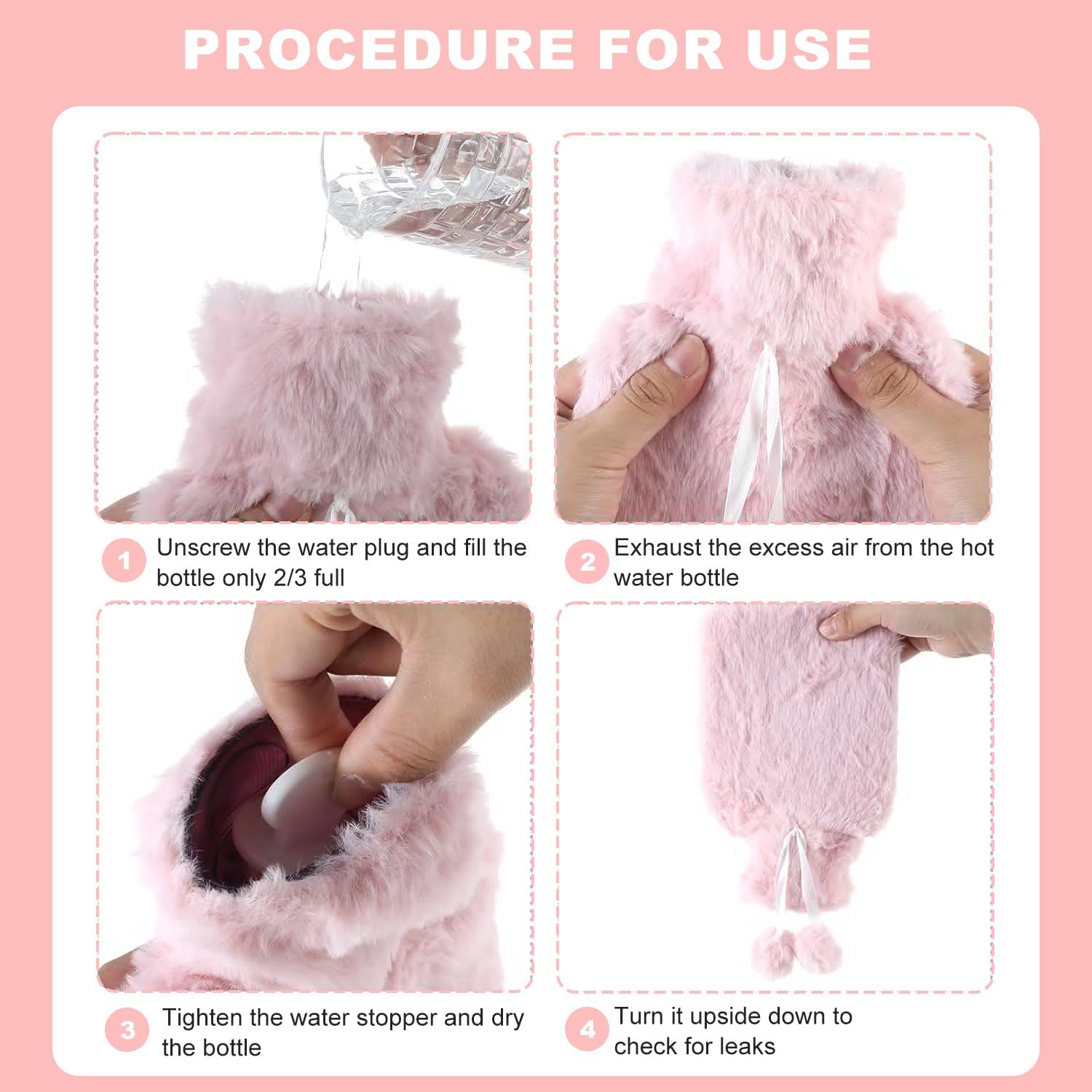 Hot Water Bottle with Soft Cover, Small Hot Water Bag for Menstrual Pain Relief, Hand Feet Warmer, Ultra-Soft Touch hot Water Bag, 0.5L Pink Plush Warm Bag Set