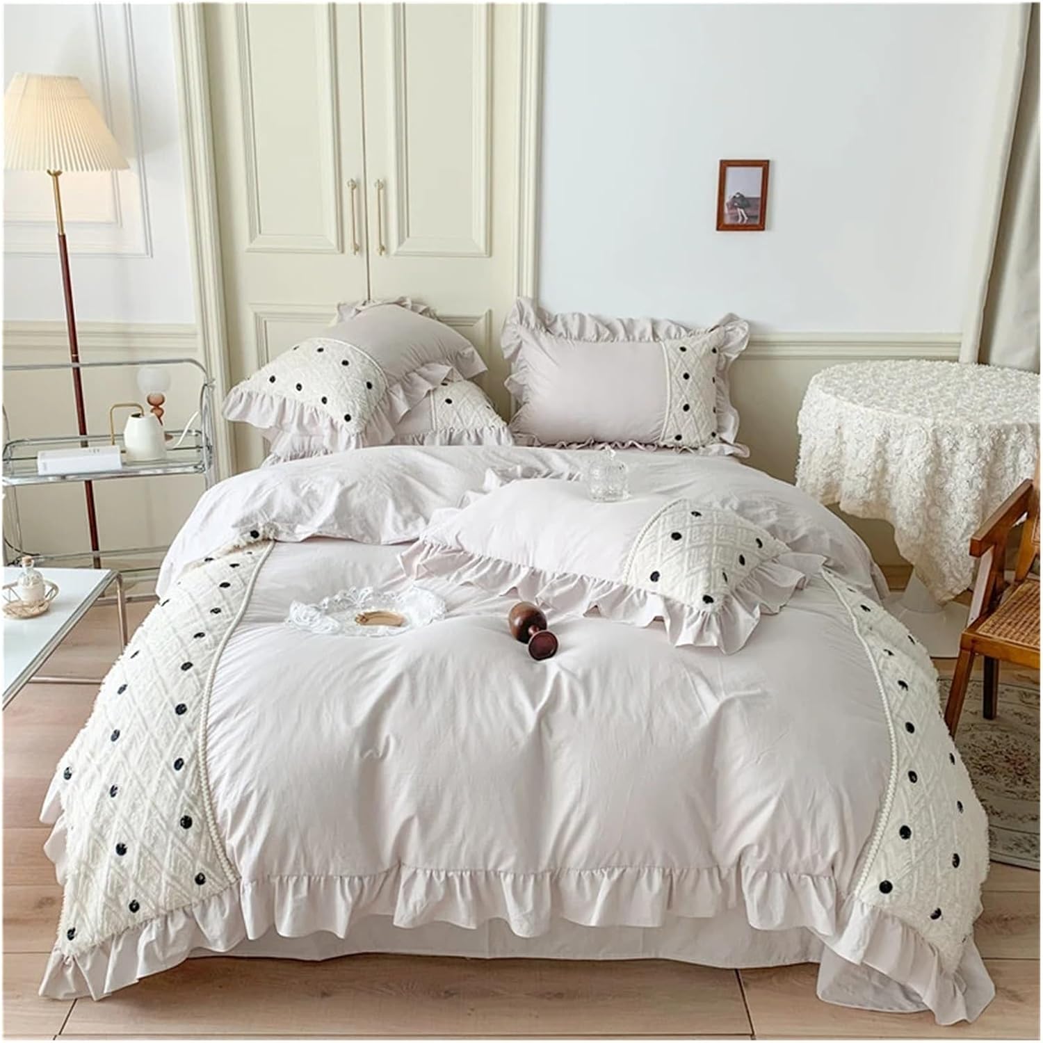 Bed Four Pieces Set Cotton Duvet Cover Set Princess Style Wave Dot Embroidered Bedding Set Home Comforter Cover and Pillowcase Bed Sheet(White B,AU Single Size 3 pcs)