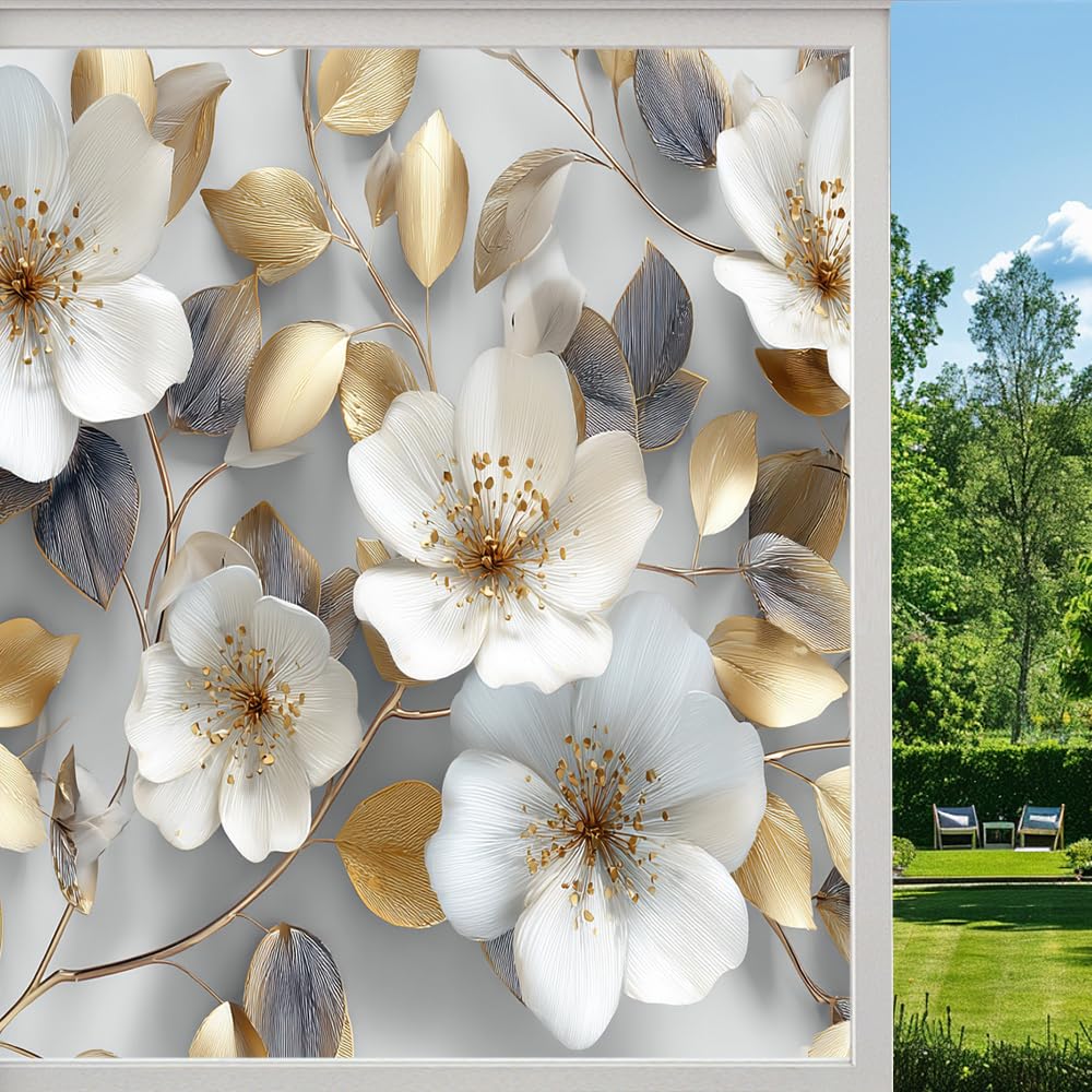 Nature Floral Privacy Window Film, Flower Branch Leaf Modern Frosted Self-Adhesive Vinyl Cling for Glass Doors Bathroom Windows Sun Blocking Heat Control, （50x100cm）