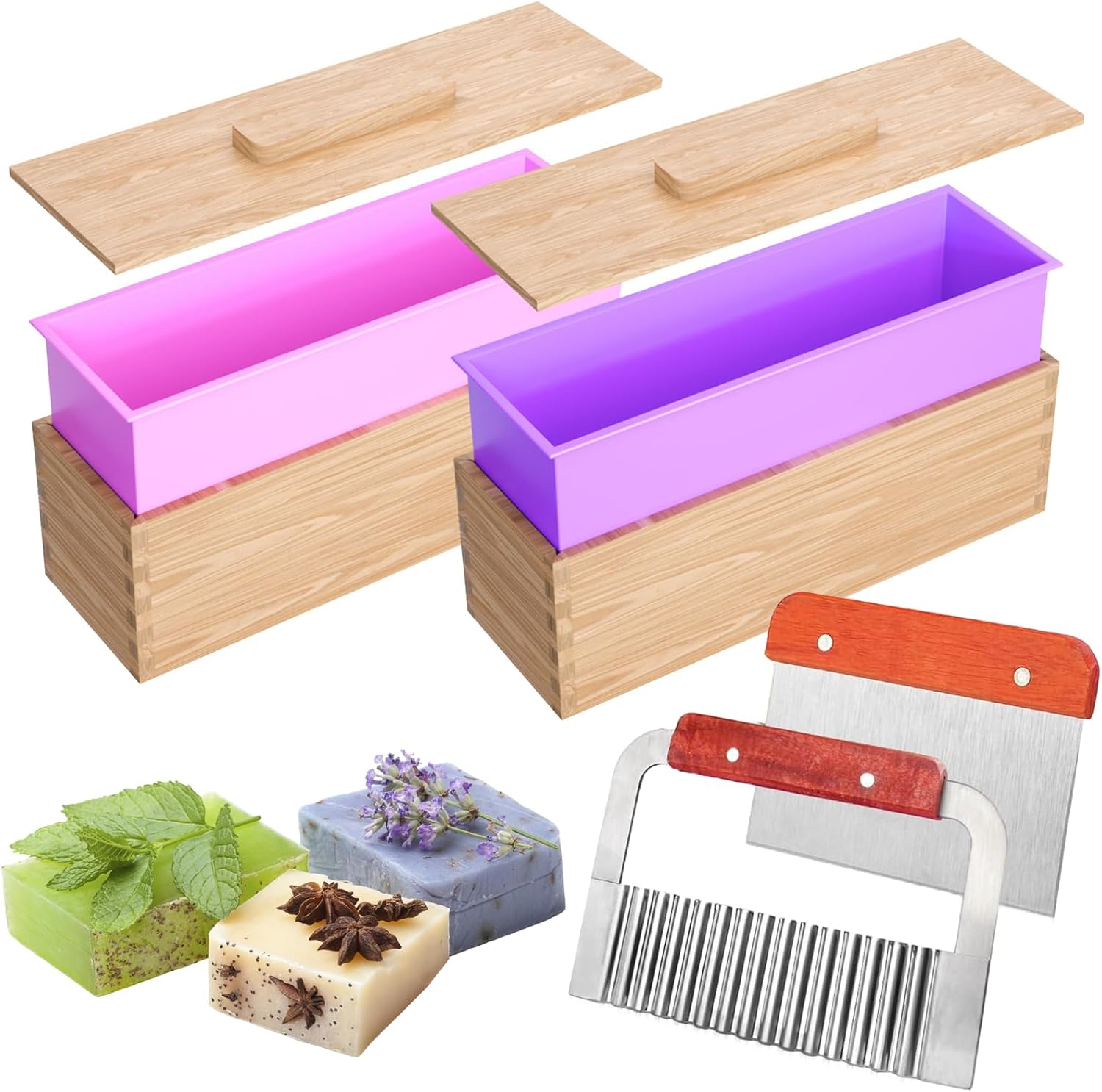 Soap Cutters with 2 Silicone Soap Molds, Upgraded Bar Rectangle Loaf Soap Mold Wood Box, Homemade Soap Making Supplies Tools Kit for Adults Beginners (Cutter with Mold)