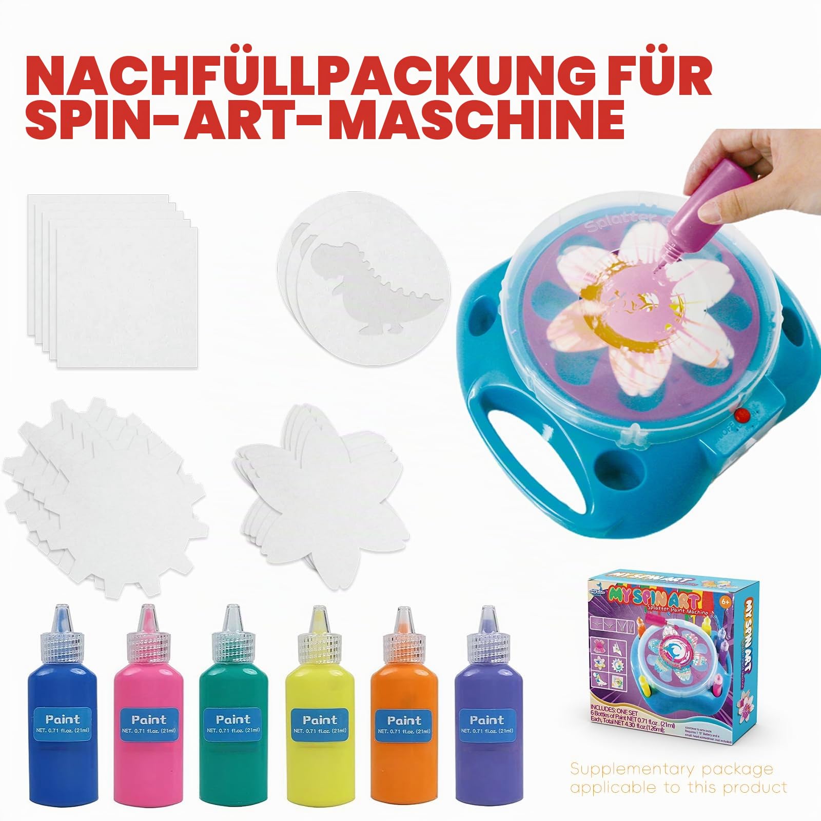 Spin & Paint Nachfüllpack ist für die Wings Giant Spin Art Maschine, 5 x kleine Karten – 10 x große Karten für Origami – 5 x Blumenkarten – 5 x Getriebekarten – 5 x Dinosaurier-Karten – 6 x Flaschen