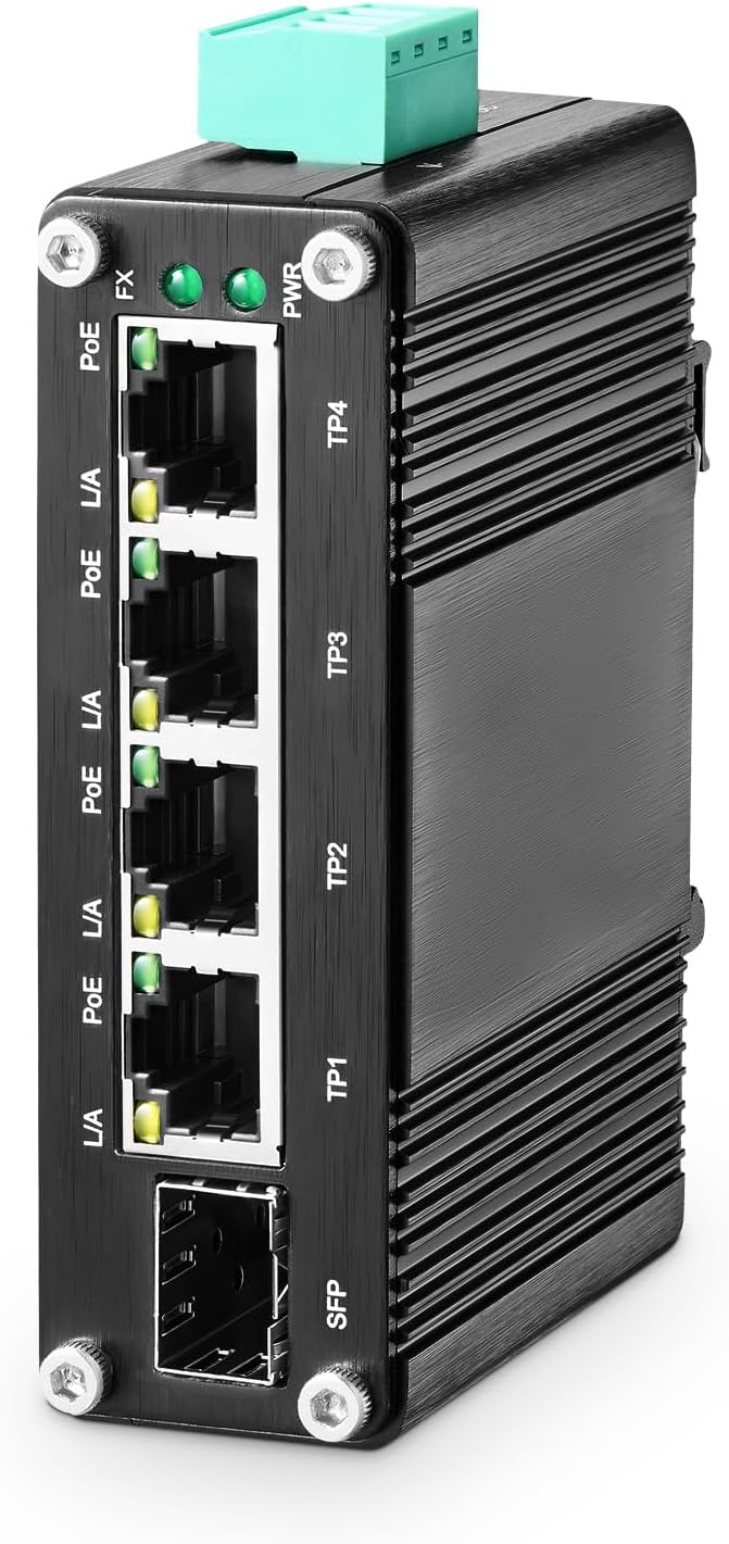 MokerLink 5 Port Gigabit Industrial Solar Battery UPS PoE Switch, Input DC9V-54V to Output DC48V, IEEE802.3af/at PoE, Mini Size, Unmanaged IP40 Network Switch (-40 to 185°F), 10Gbps Capacity