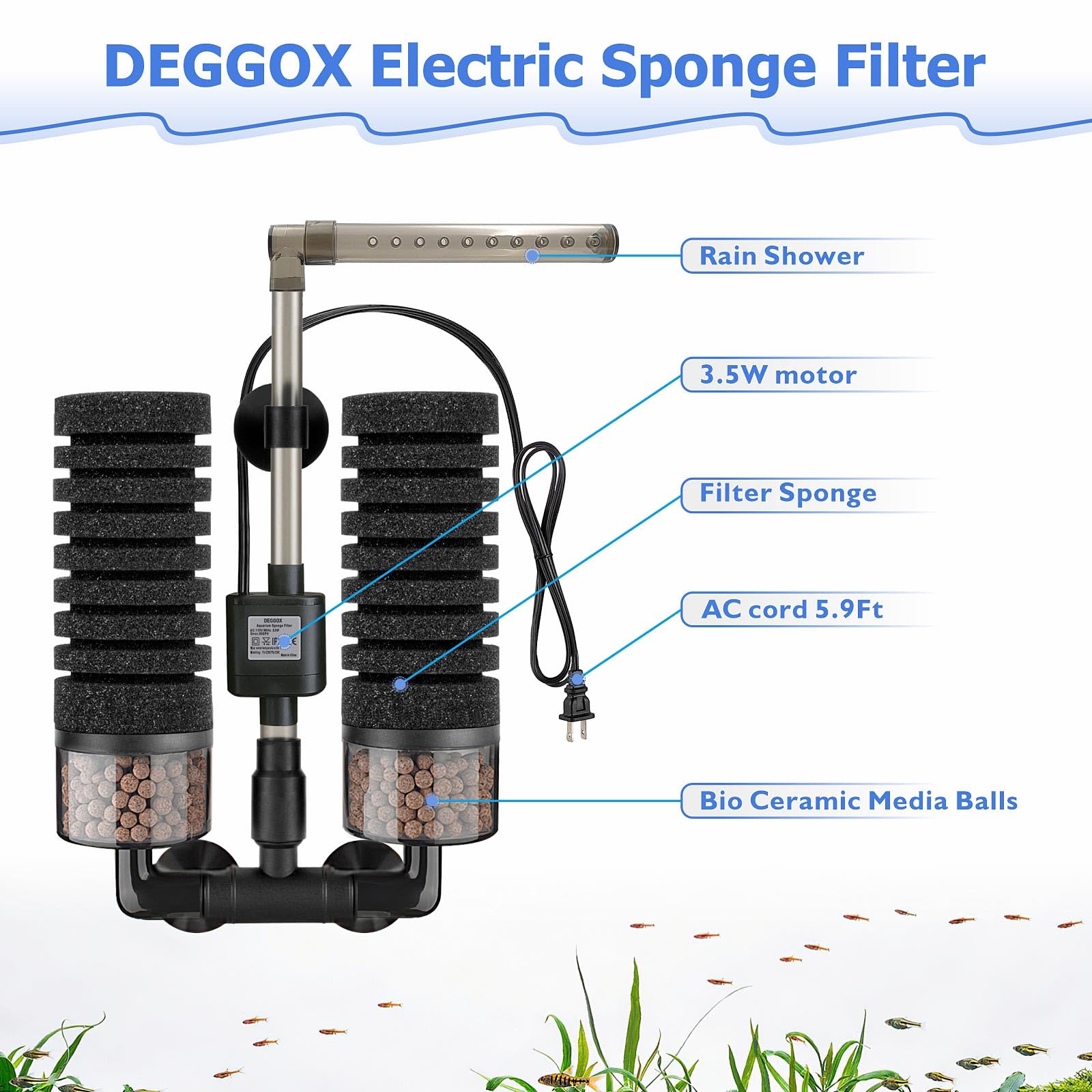 Filtro elettrico in spugna per acquario con pompa sommergibile, motore ultra silenzioso con sfere in bio-ceramica e 2 spugne di ricambio (L per 20-55 Gal)