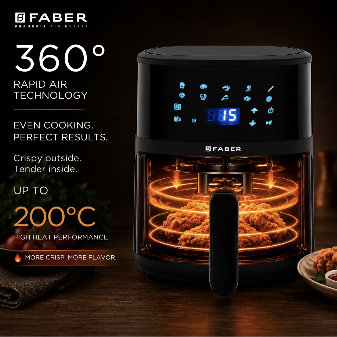 Faber FAF CrispX 4.0 Digital Air Fryer showing internal heating elements and food