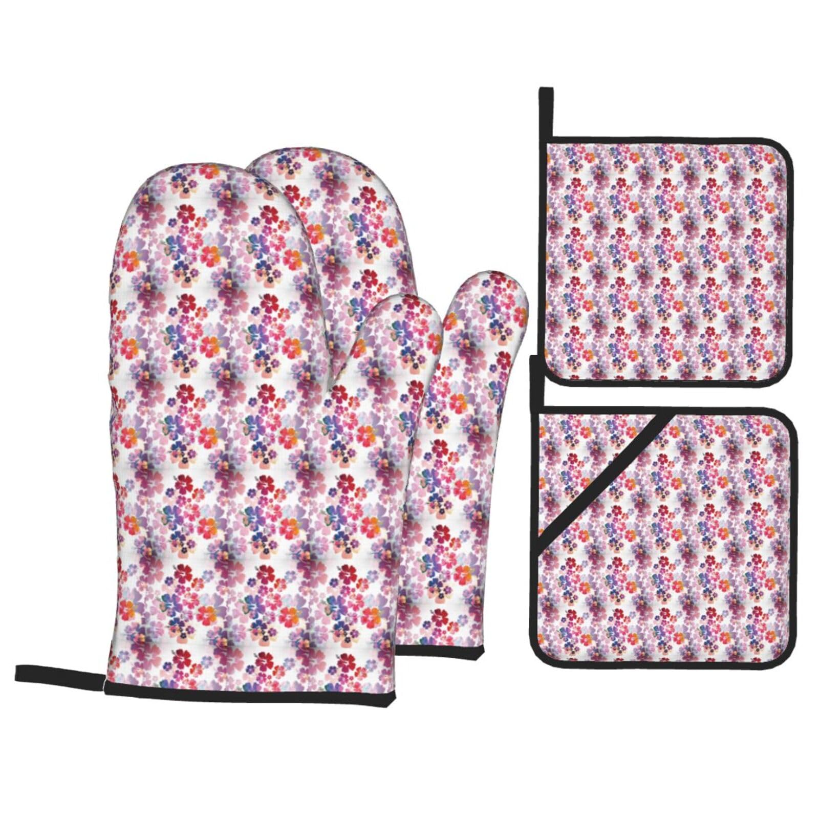 Hawaiian Flower Print Print Stylish Heat-Resistant Oven 4-Piece Set Kitchen Gloves Roasting Daily Cooking