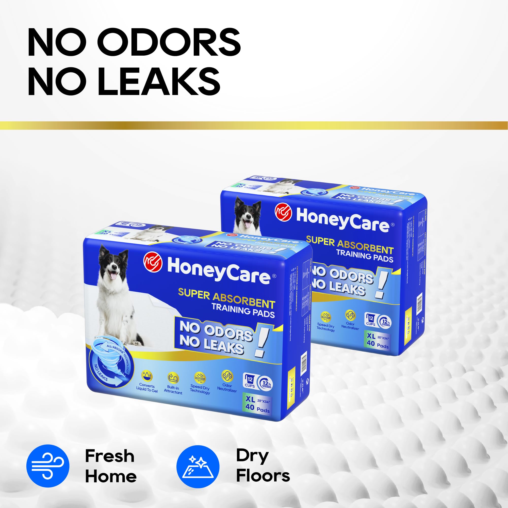 HONEY CARE All-Absorb, XL 28 x 34 Pulgadas, 40 Unidades, Almohadillas de Entrenamiento para Perros y Cachorros, Ultra absorbentes y eliminan olores, Almohadillas de Entrenamiento de 5 Capas a Prueba