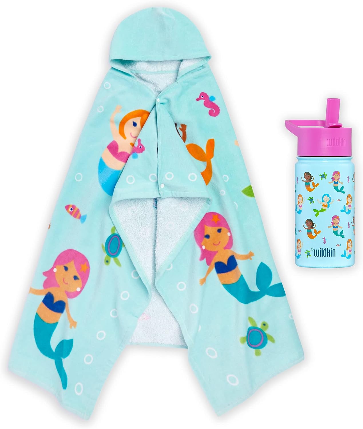 Wildkin Kids Beach Poncho Bundle with 14 oz Steel Water Bottle – Soft, Absorbent, Quick-Dry Hooded Cover-Up for Pool & Beach - Mermaids