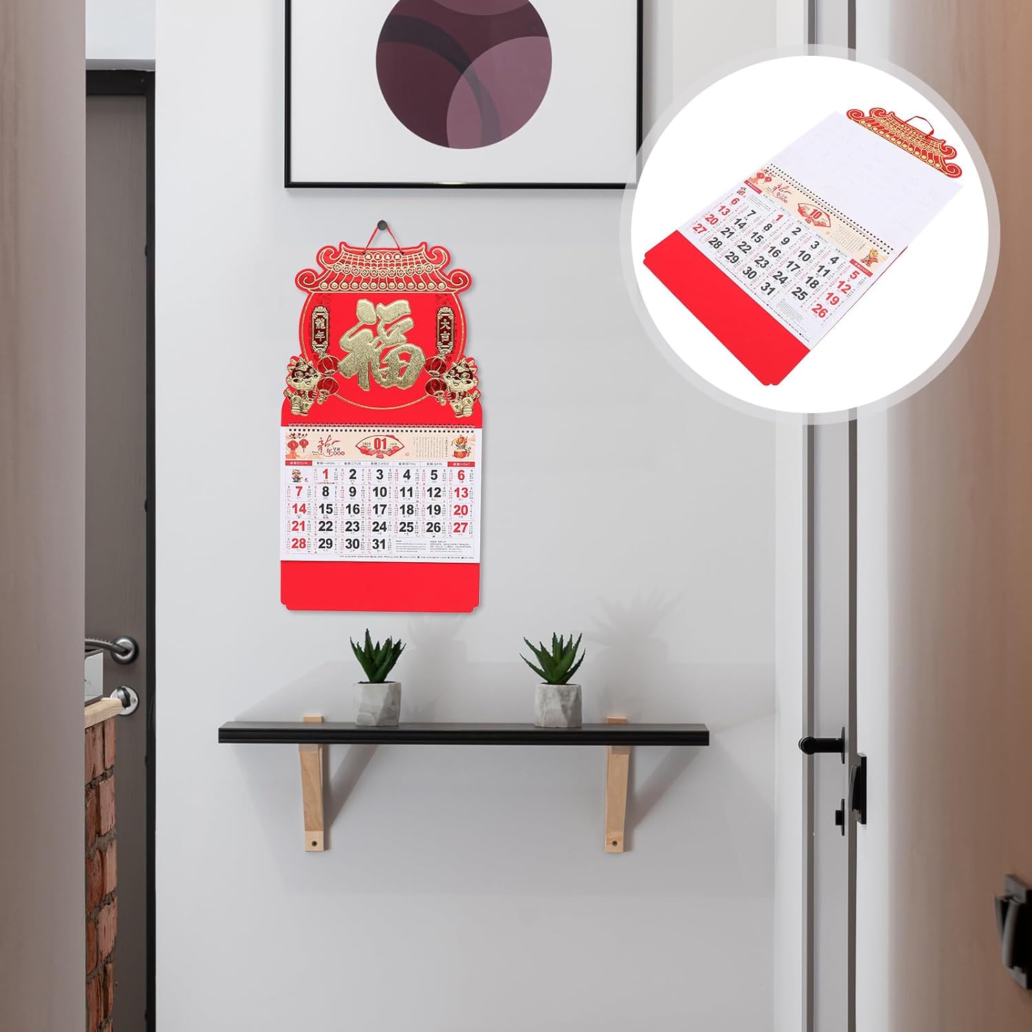2024 Chinese Calendar Year of Dragon Calendar Chinese Traditional Lunar Gold Foil Hanging Calendar for New Year Decoration Calendars