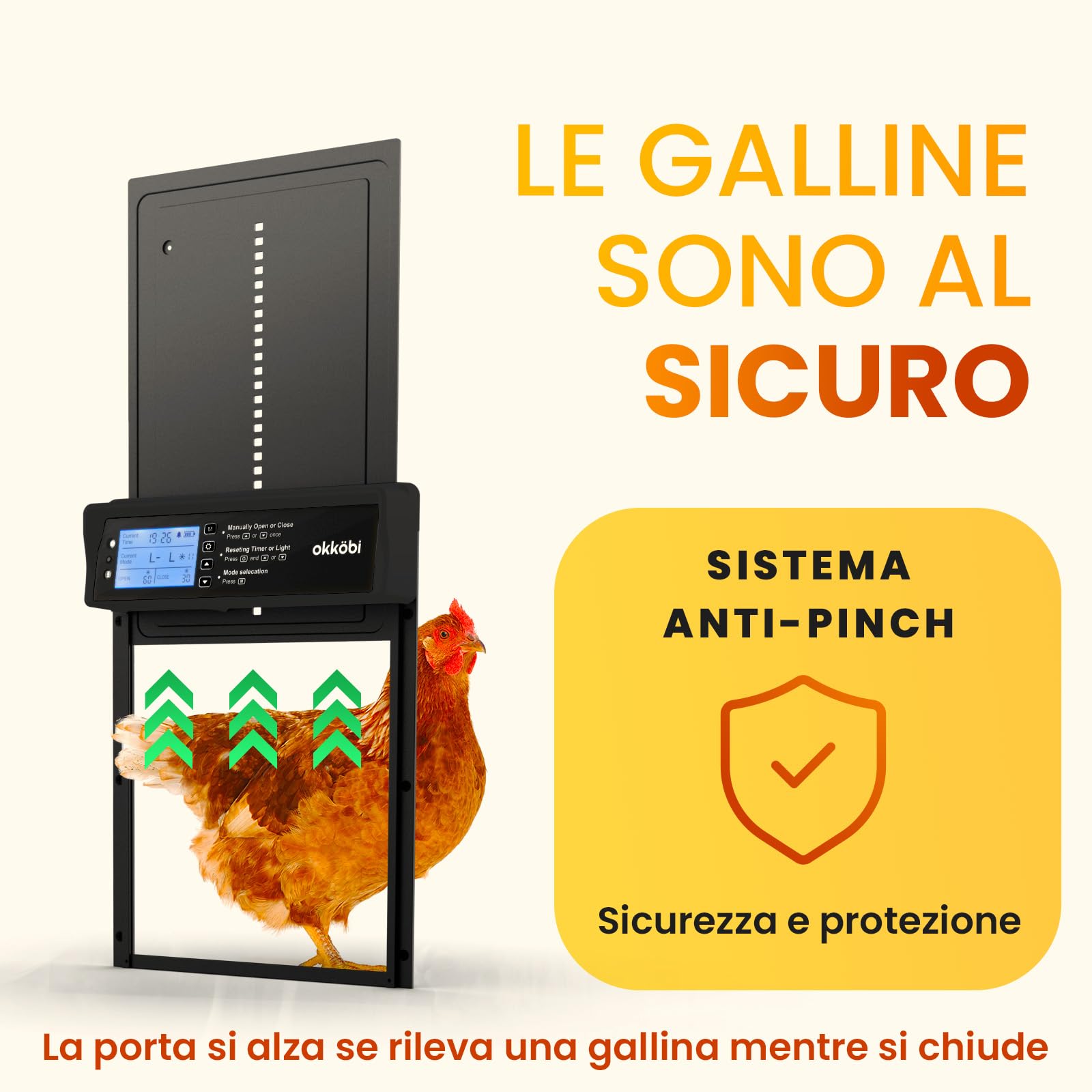 Okkobi Porta Automatica Pollaio Solare - Display LCD - Porta Pollaio con telecomando, Sensore di luce e Timer - Sicurezza e tranquillità: Funzione Antipizzicamento - Protezione di 5 anni
