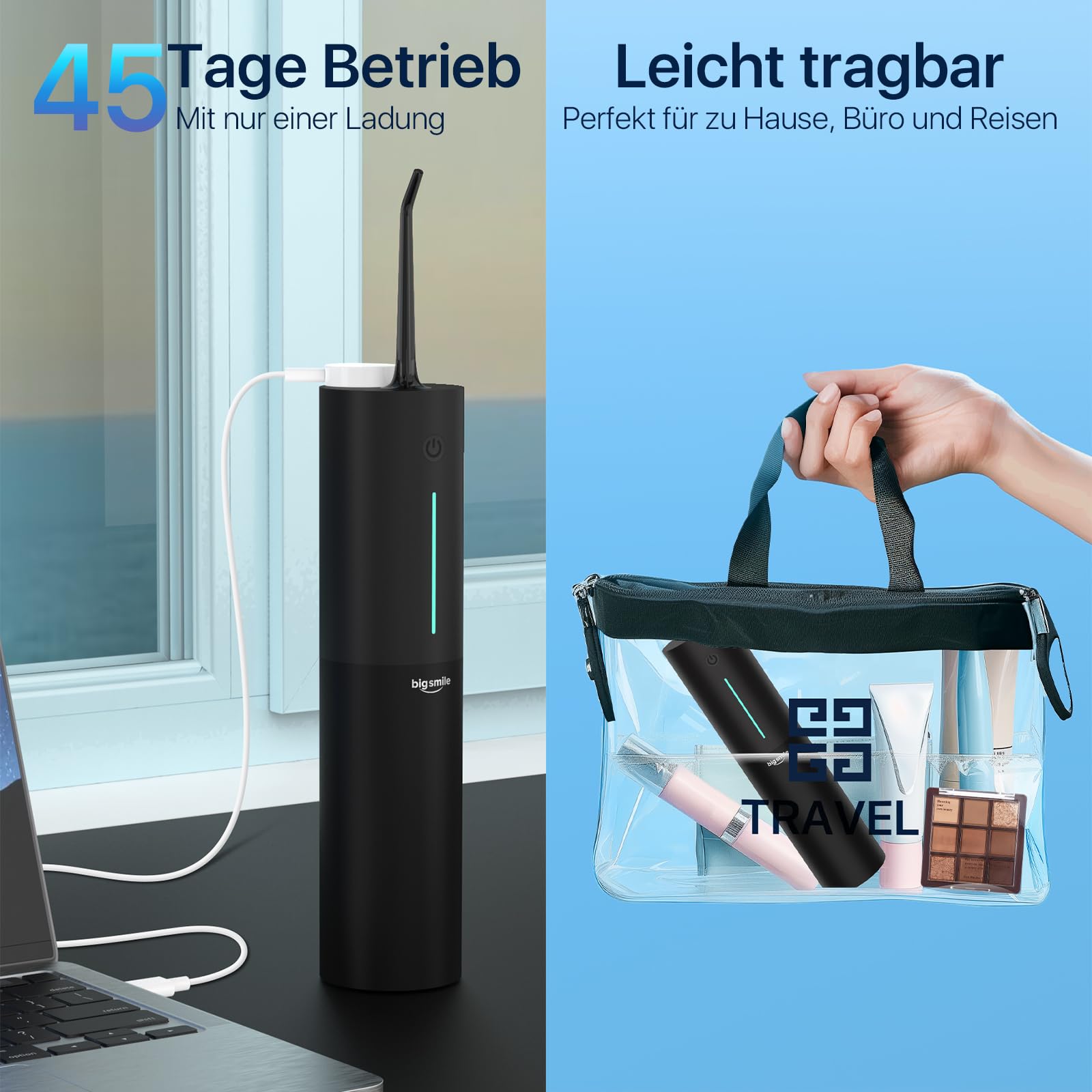Bigsmile Wasserzahnseide, tragbarer Mundreiniger, wiederaufladbarer Reisemundreiniger, professioneller elektrischer Zahnspritzer, IPX7 wasserdicht, Effektiv den Mund sauber und gesund halten (schwarz)