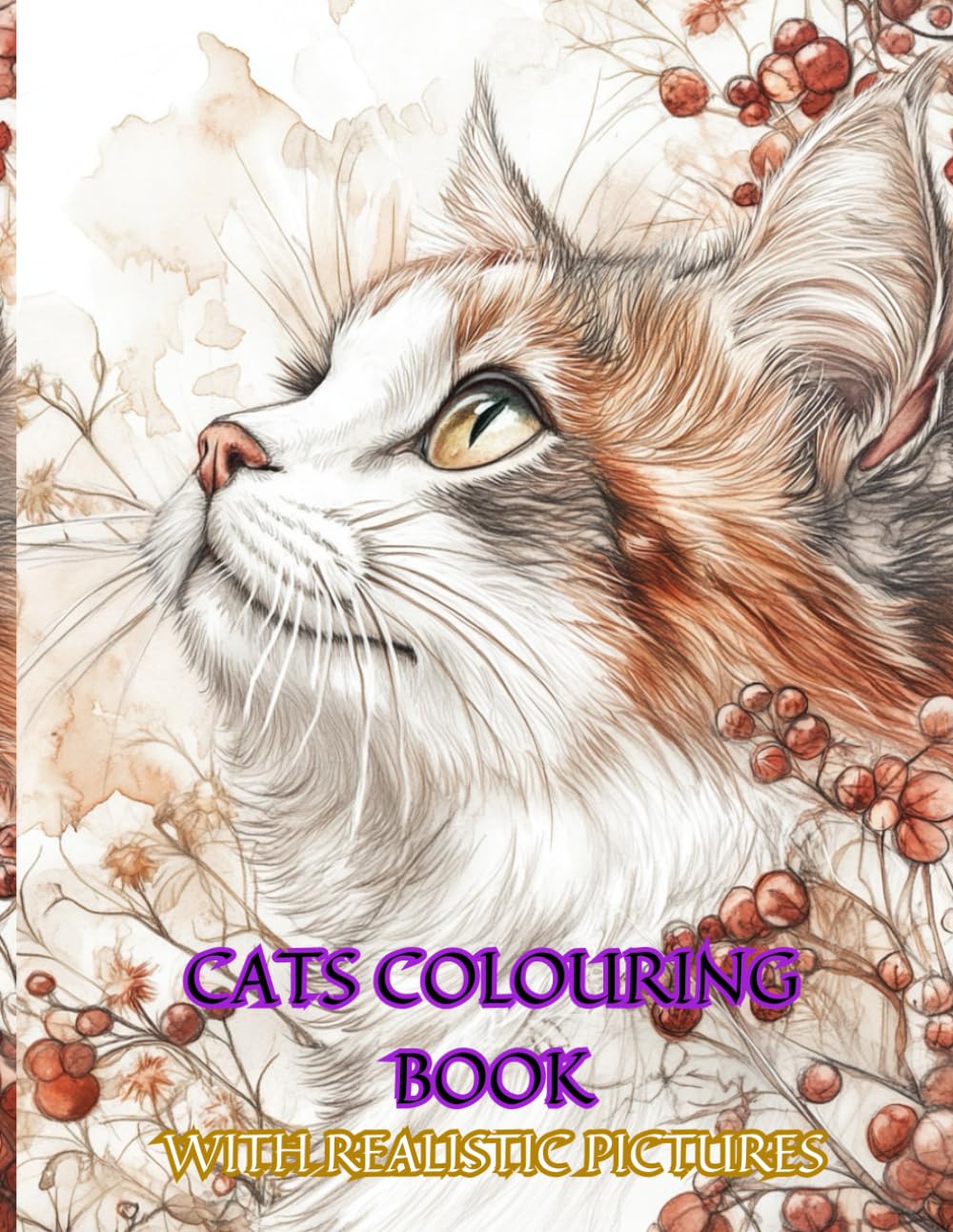Cats Themed Adult Colouring Book with Realistic Pictures 80 Pages