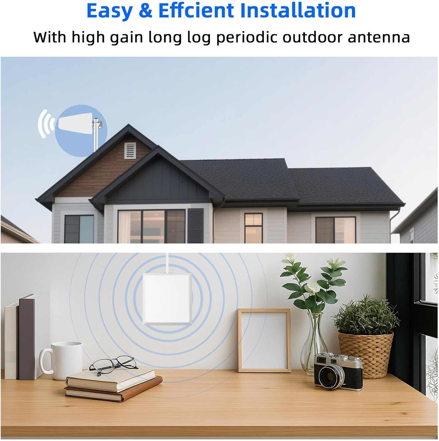 Cell Phone Booster for Home & Multi-Room, Cell Phone Signal Booster with 2 Indoor Antennas for Band 66/2/4/5/12/17/13/25,Up to 6000 Sq.Ft,Boost 4G 5G LTE Data for All U.S. Carriers, FCC Approved