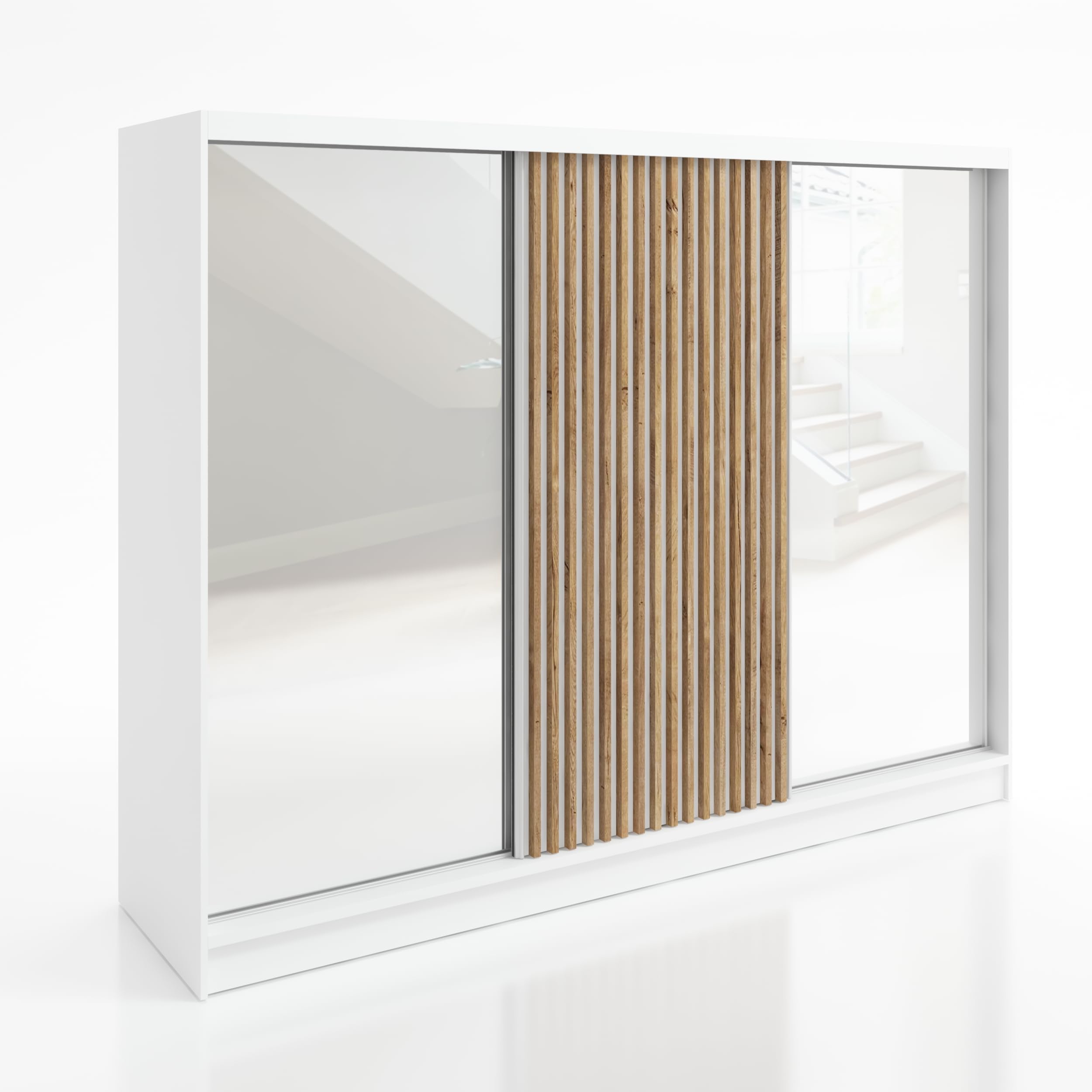 A&J MöbelLand Schwebetürenschrank Driver Kleiderschrank 3-türig 200 cm mit Spiegel, moderner Schlafzimmerschrank mit Schiebetüren (Weiß)