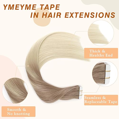 Miniatura 7 de Extensiones de cabello humano rubio balayage con cinta adhesiva, color castaño claro natural a rubio platino, 20 unidades, 1.76 onzas #B860, 16
