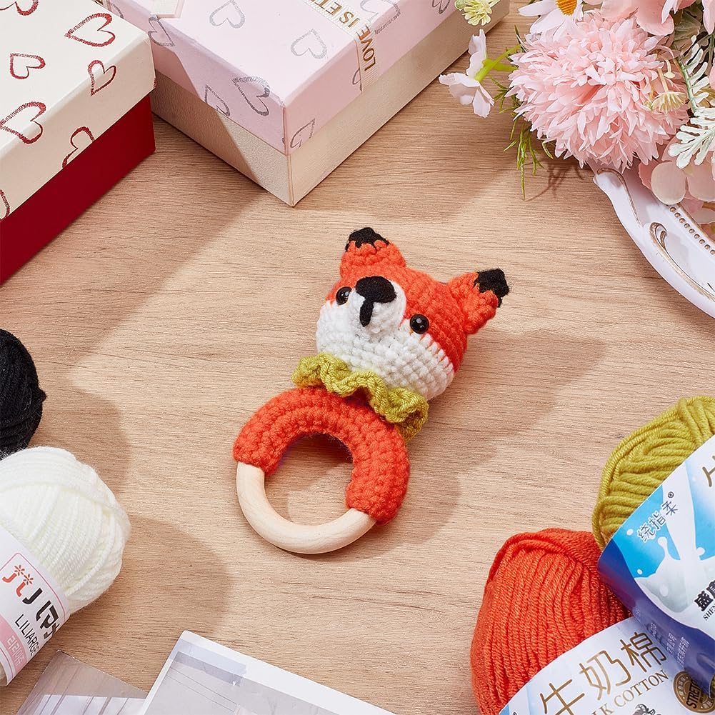 WEBEEDY 2 Sets DIY Wooden Rattle Fox Crochet Kit for Adults Beginners, Wooden Rattles Shaker with Bells Animal Crochet Starter Kit with Yarns, Stuffing, Tools, Handmade Gift for Shower image 5