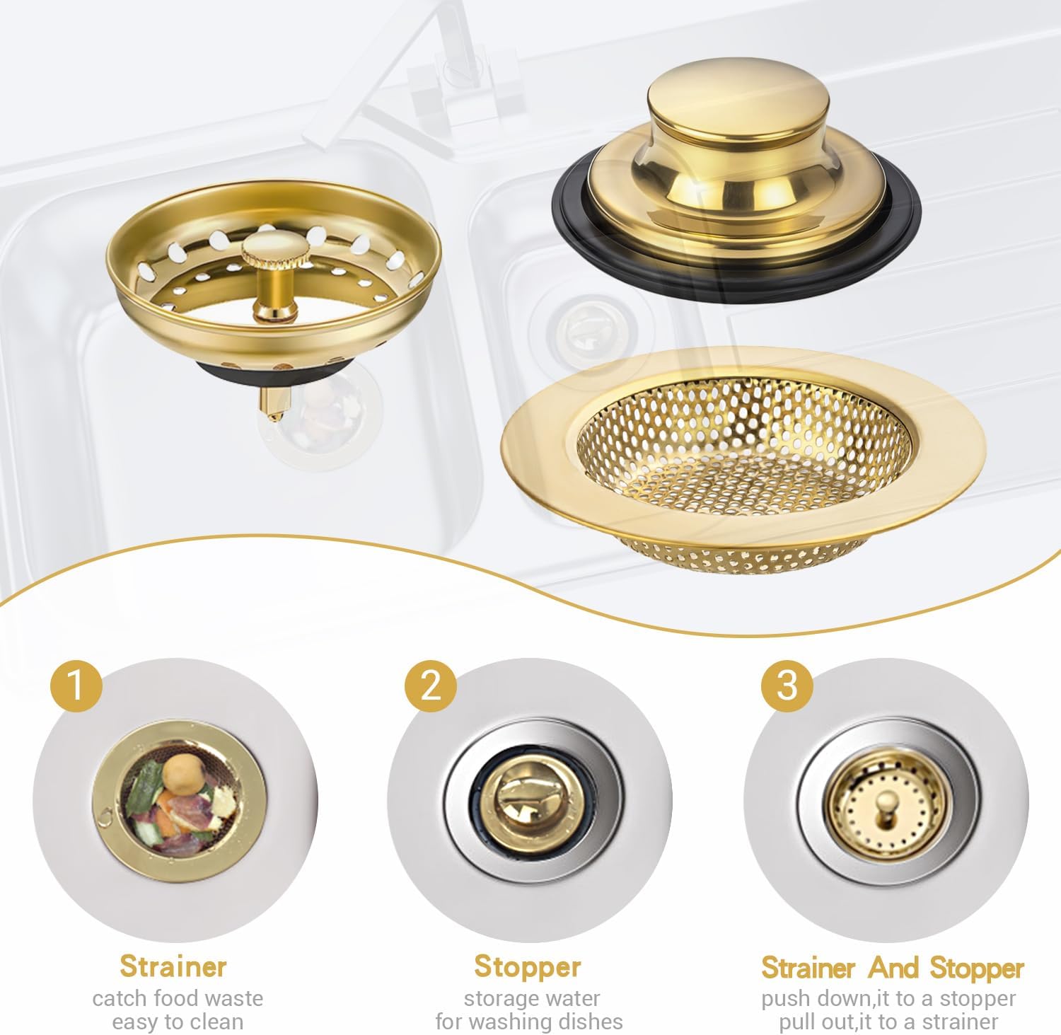 RQYEKDO 3-Pack Kitchen Sink Drain Strainer Stopper Set, Universal Anti-Clogging Stainless Steel Garbage Disposal Plug with Handle, Perforated Basket Filter Sieve for Standard 3.5" Drains (Gold)