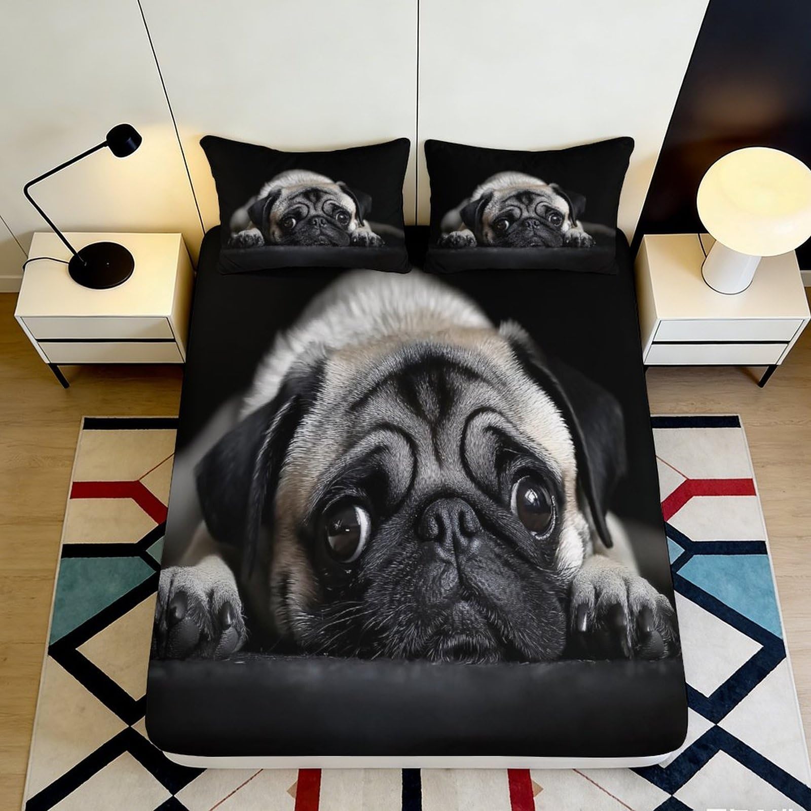 Jqzkxnhpbr Style-7 3D Printed Pug Dog Fitted Sheet Microfiber Soft Black Animal Bed Cover For Bedroom Dorm Mattress Protection Decorative 90X200x25cm