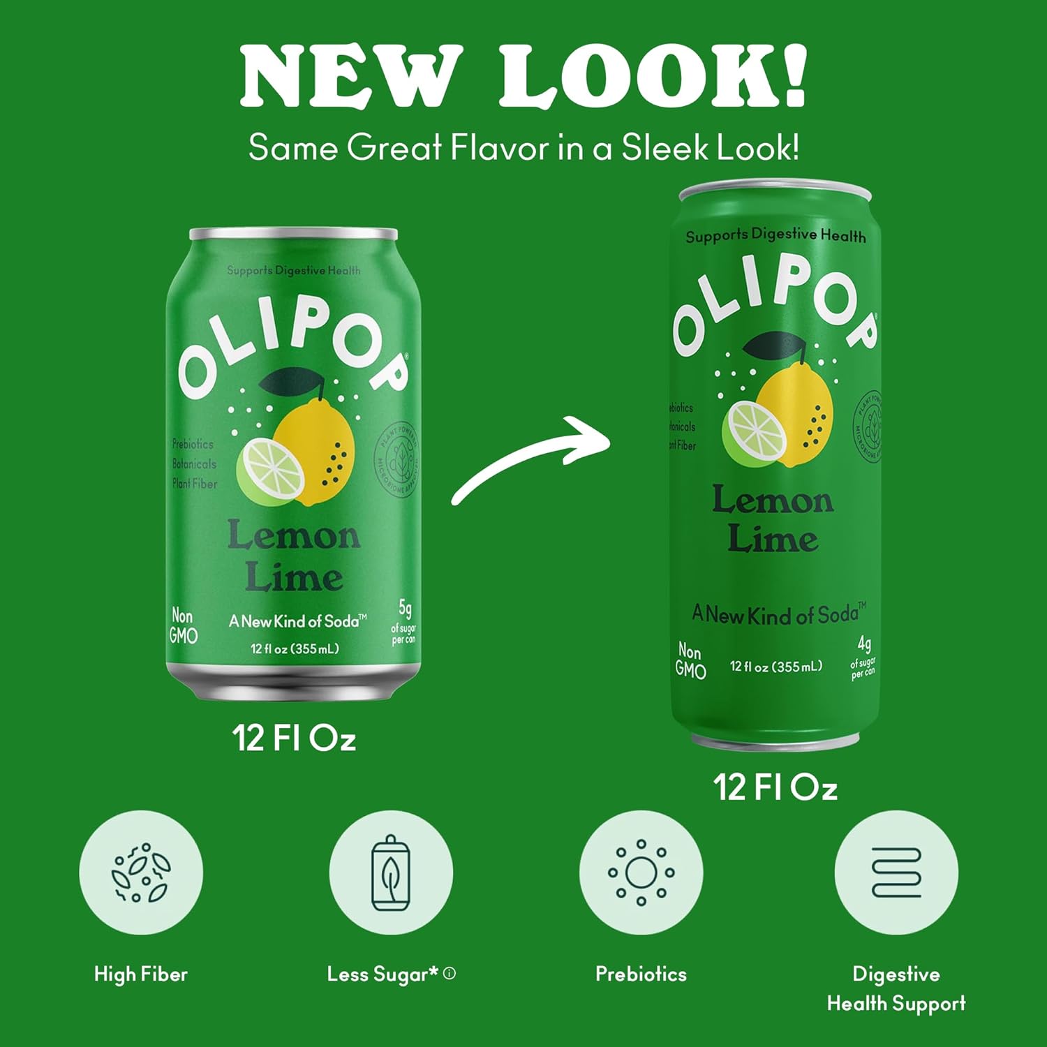 OLIPOP Prebiotic Soda Pop, Lemon Lime, Pantry Pack Packed with Prebiotics, Fiber, and Botanicals, Gluten Free, GMO Free, 12oz Skinny (12-Cans)