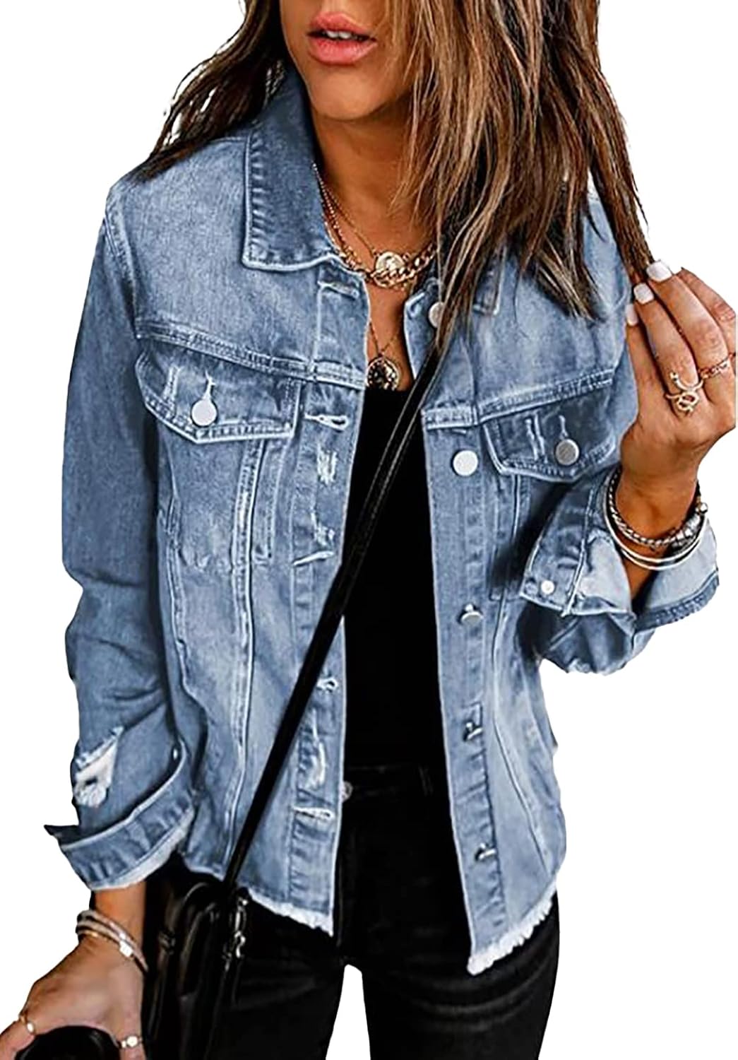 Women's Jean Jacket Distressed Washed Button Up Boyfriend Denim Jacket Coat With Pockets