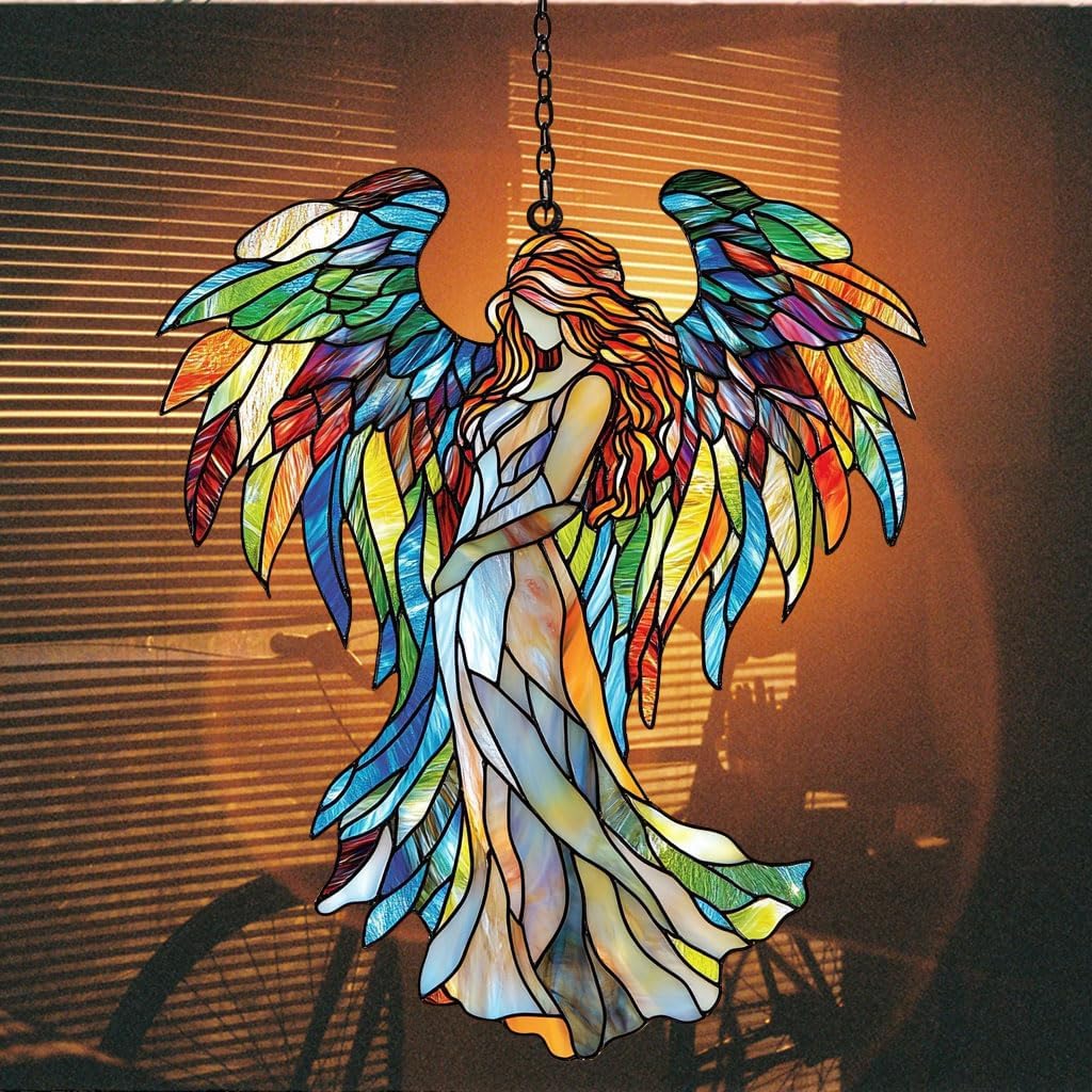 Rainbow Wing Angel Acrylic Suncatcher Stained Glass Effect Window Car Hanging Christmas Ornament Indoor Outdoor Decor Garden Sun Catcher Panel for Angel Lover for Women Mom Grandma