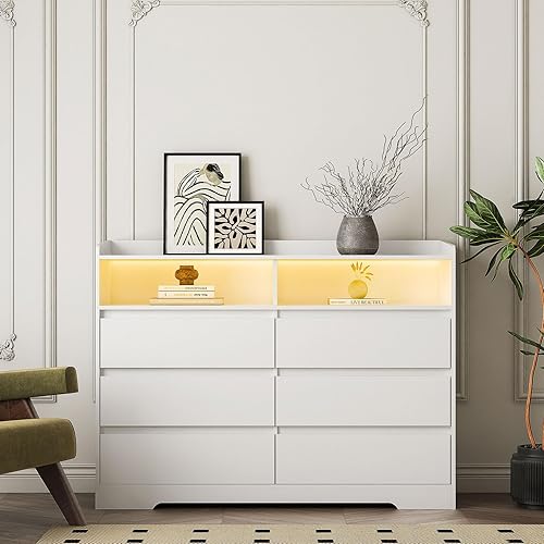 Miniatura 3 de GOSROMS Cómoda doble blanca de 6 cajones, cajoneras decorativas con luz LED, cómoda de almacenamiento blanca moderna para dormitorio, habitación de