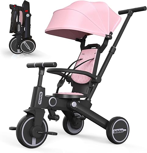 Cochecito de triciclo para niños pequeños, triciclo plegable para bebés, bicicleta de equilibrio para niños con mango de empuje, bicicleta de