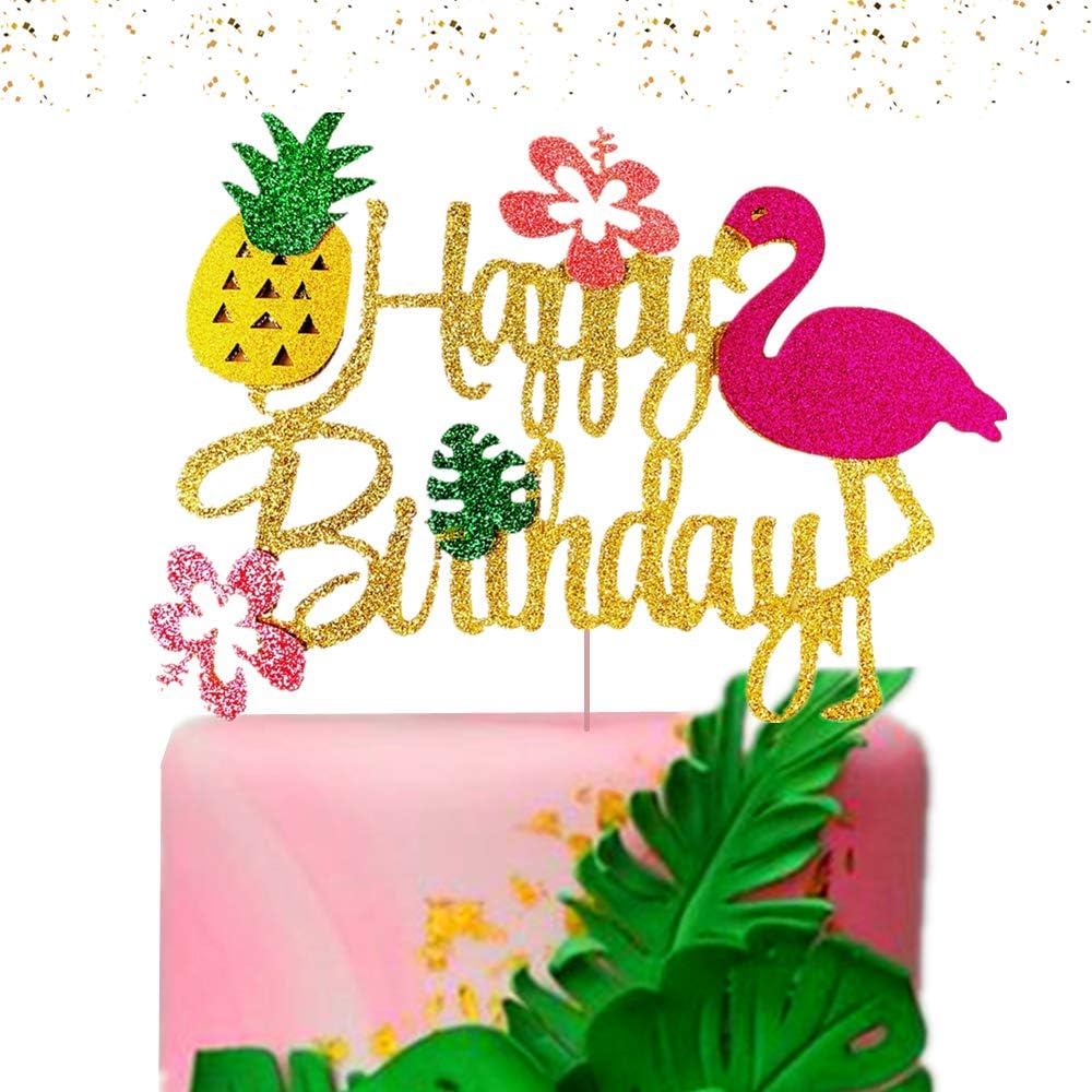 Glitter Flamingo Cake Topper - Tropical Hawaiian Luau Birthday Party Decoration, Gold Glitter - View #5