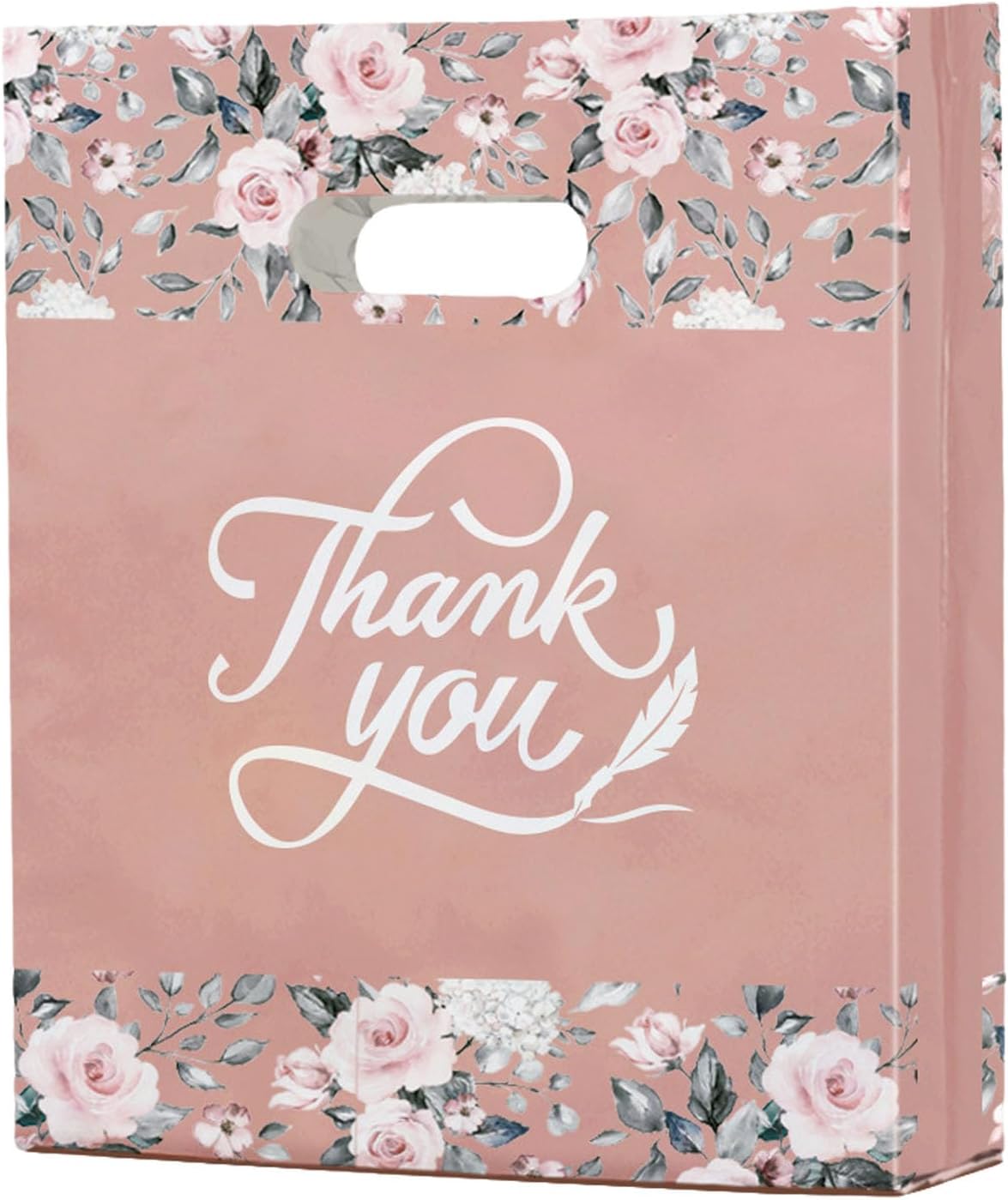 Joyhey 50 Count 9.7" x 13.7" Plastic Thank You Merchandise Bags, Shopping Retail Boutique Bags with Die Cut Handles - Pink