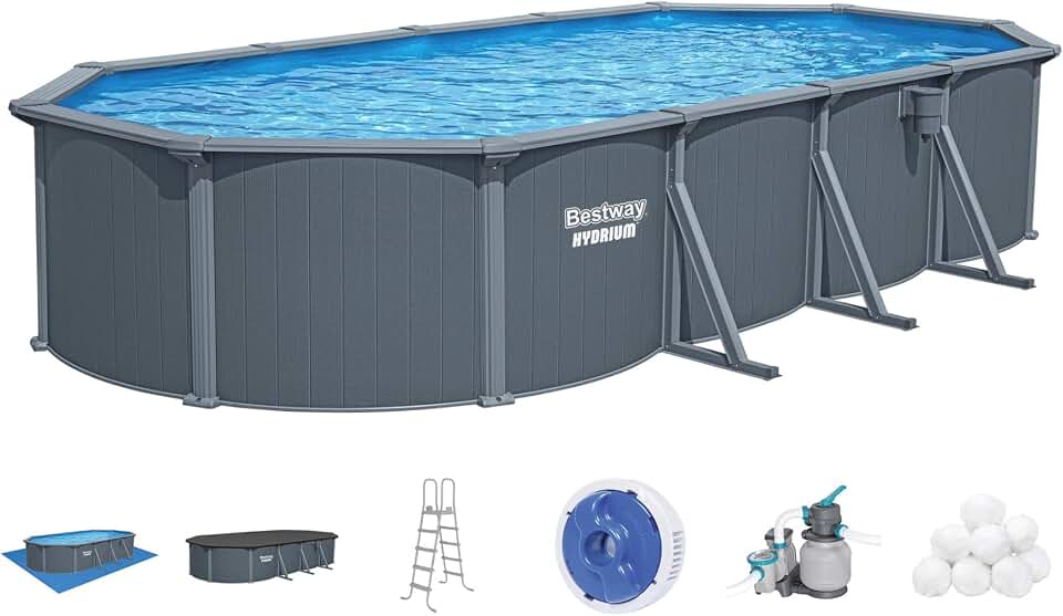 Bestway Hydrium 24' x 12' x 52" Above Ground Pool, Oval Steel Side Wall Frame Outdoor Swimming Pool Set with Sand Filter Pump, Polysphere Filtration Balls, Ladder & Accessories