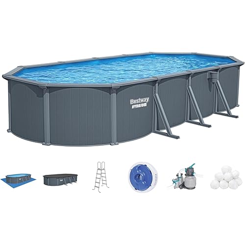 Bestway Hydrium 24' x 12' x 52" Above Ground Pool, Oval Steel Side Wall Frame Outdoor Swimming Pool Set with Sand Filter Pump, Polysphere Filtration Balls, Ladder & Accessories