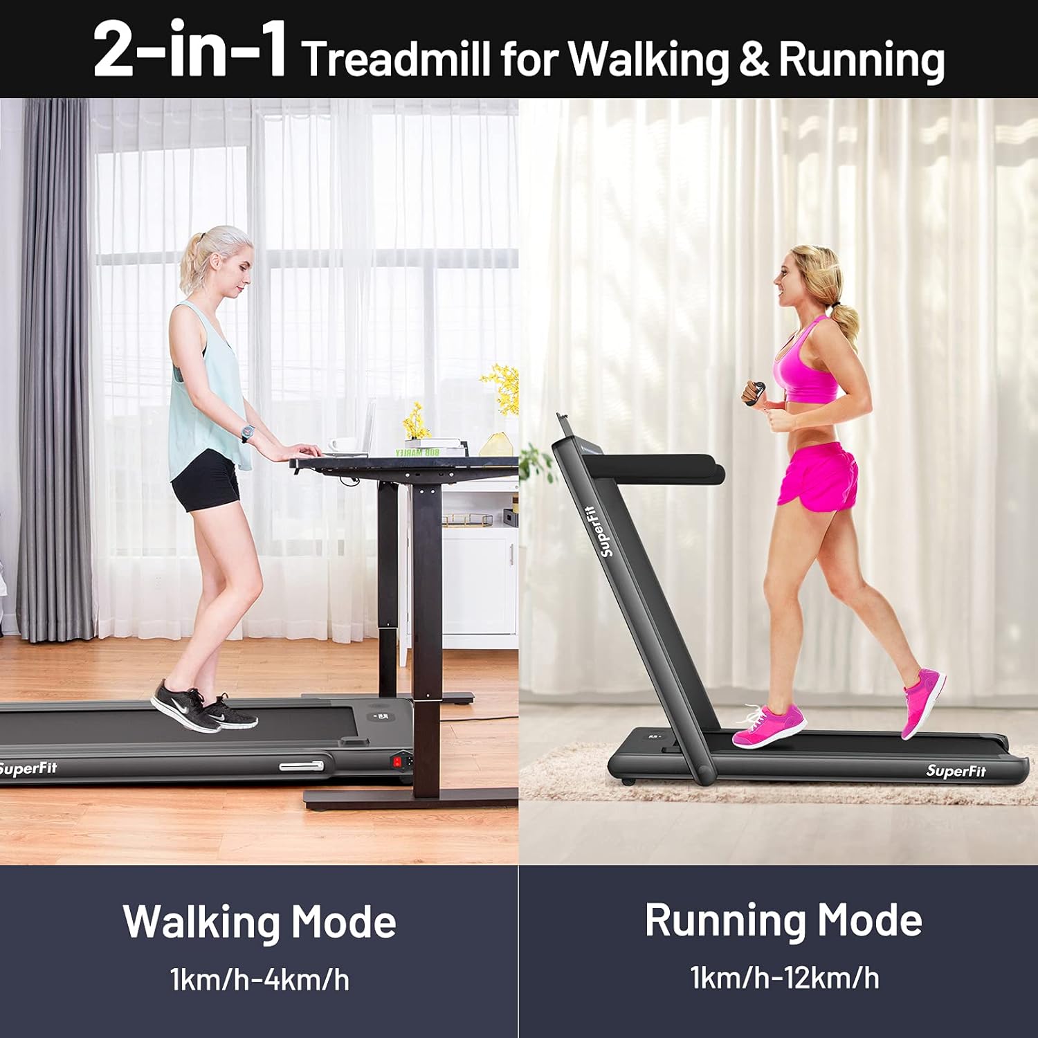 GYMAX Walking Pad, Dual LED Display 2 in 1 Under Desk Treadmill for Home with Remote & Smart App Control, 2.25HP Foldable Portable Treadmill Running Machine for Office Small Space