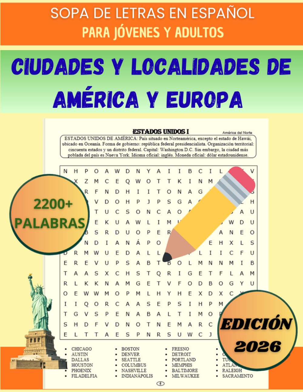 CIUDADES Y LOCALIDADES DE AMÉRICA Y EUROPA: SOPA DE LETRAS EN ESPAÑOL PARA JÓVENES Y ADULTOS