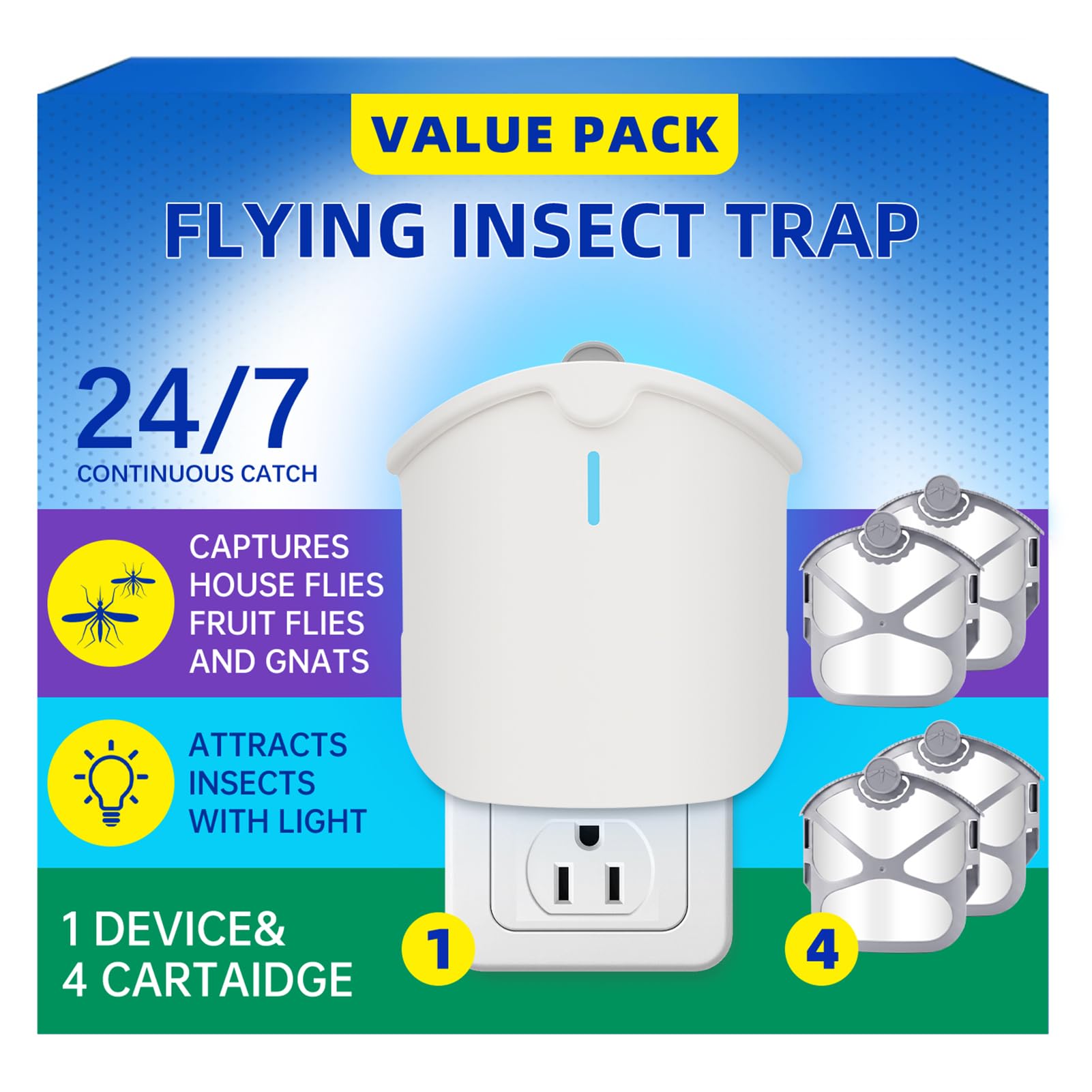 Photo 1 of 1 Plant Flying Insect Trap Indoor & 4 Cartridges - Compatible with M577 Refill - Plug in Fruit Fly Trap for Indoor - Use in Any Room (1 Plug in Device & 4 Refill Cartridges)