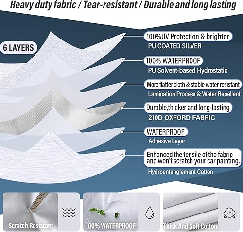 Miniatura 9 de BYDOLL Funda impermeable para automóvil para todo tipo de clima, 6 capas, a prueba de nieve, resistente al viento, protector de granizo completo,