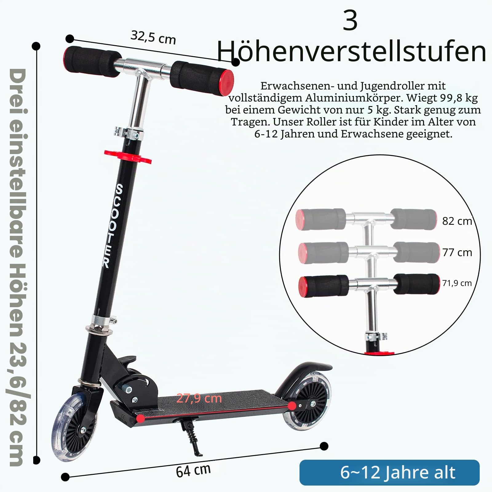 2-rädriger Kinder Scooter 5-8 Jahre, faltbar, höhenverstellbarer Lenker | Roller für Kinder, leicht, Kinderroller mit Leuchträdern, klappbarer Kinderscooter, beleuchtete Räder, Hinterradbremse