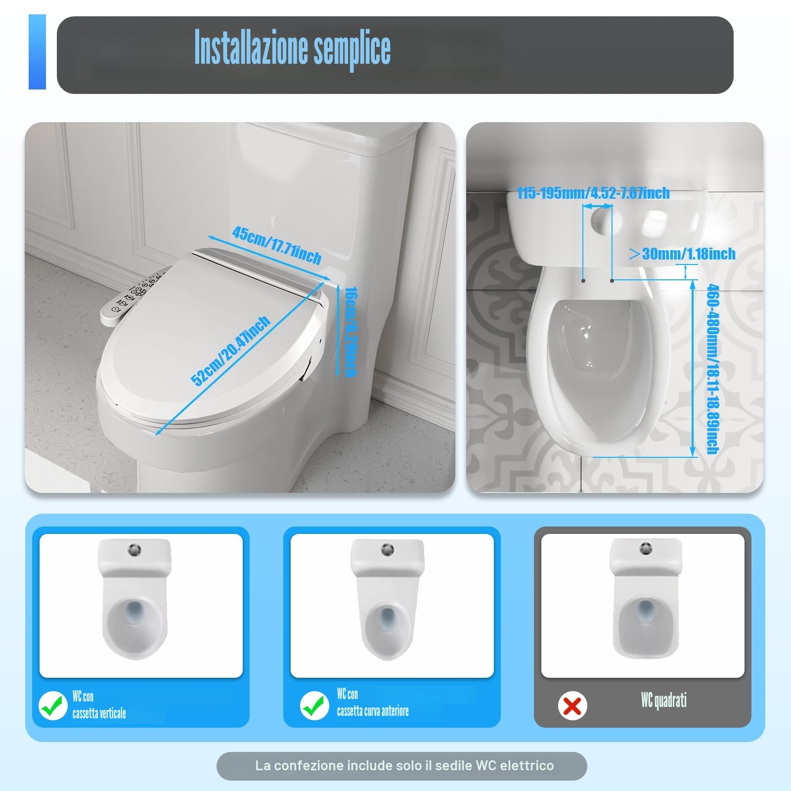 Sedile WC Elettrico Smart WC con Doccia, WC Riscaldato, Pulizia Automatica, Deodorazione Automatica del Getto, Temperatura Regolabile, Massaggio, WC Intelligente