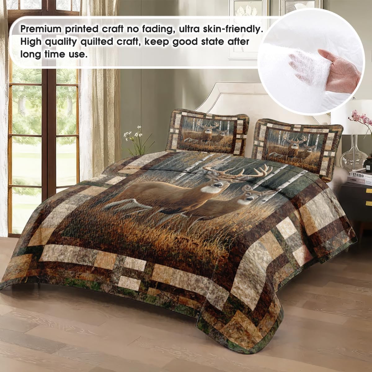 PriAmi Customized Deer Hunting Quilt Set, Rustic Woodland Deer Camo US Flag Bedspread Ultra Soft Quilt Sets, Autumn Deer Bedding, Gifts for Girls Boys Adults Hunter Fall Season Bedroom Decor (HUNT01) - Image 2