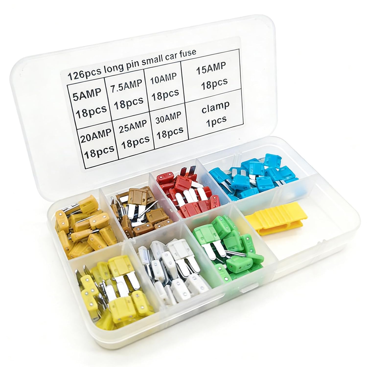 Kit de 126 fusibles automotrices estándar para auto, motocicleta y camión: 5 A, 7.5 A, 10 A, 15 A, 20 A, 25 A y 30 A miniatura 1