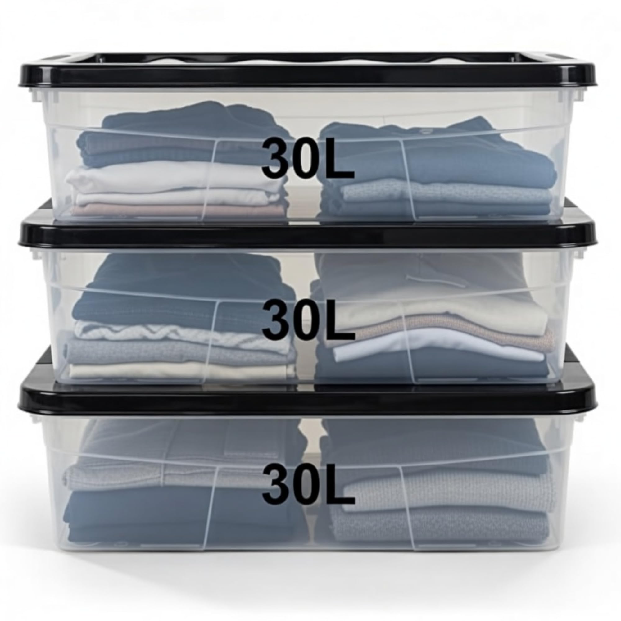 SIDSONS - 3X 30L Clear Plastic Underbed Storage Box - Sleek Black Lid Dustproof Stackable & Nestable - Multi-Purpose Storage Box Transparent Duvets & Clothes Bedding, Shoes, Toys Organizer (3X)