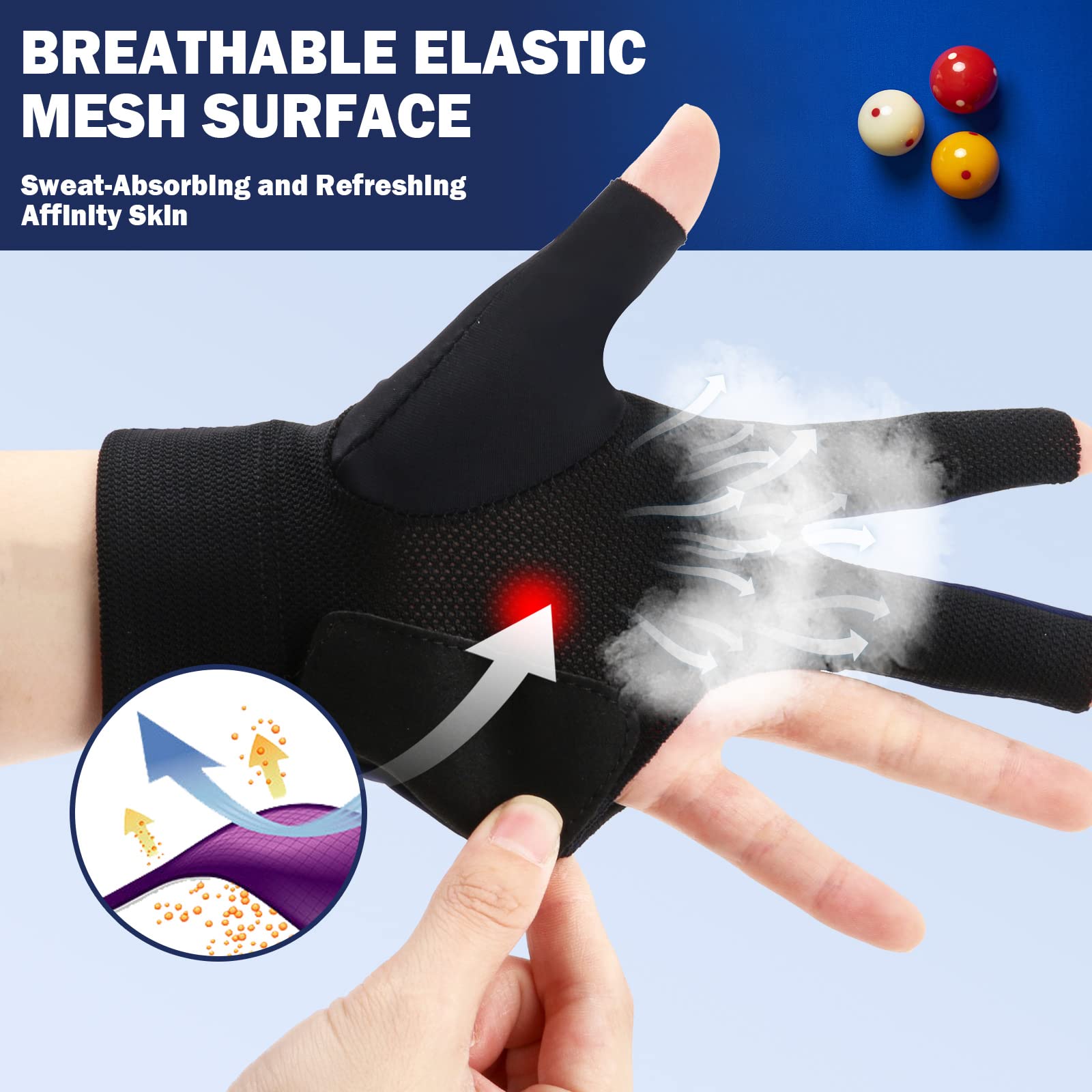 ANIMSWORD Breathable and Comfortable Billiard Pool Gloves Fits on Left Hand or Right Hand 3 Finger for Snooker Cue Sport Glove. 3