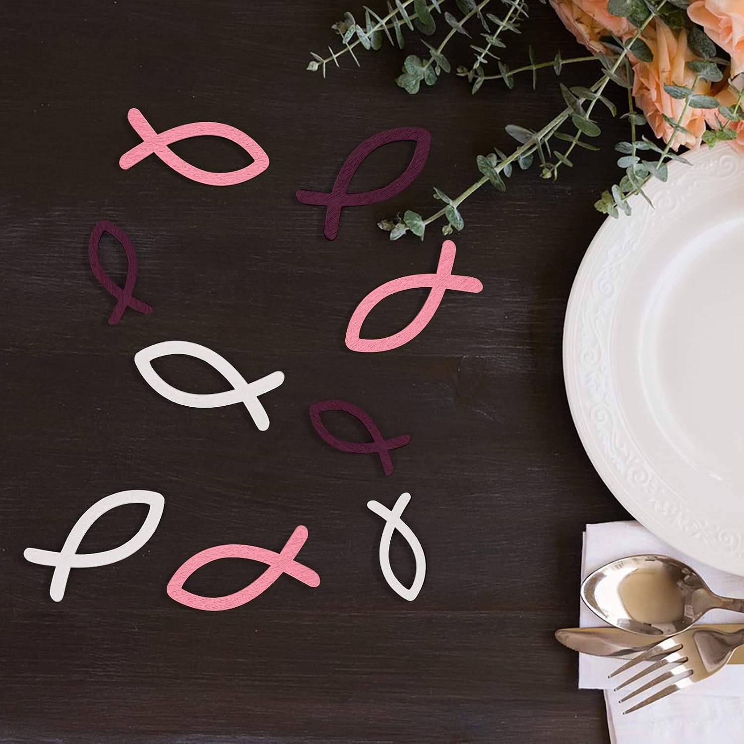 Wooden Fish Decoration, Pack of 90 Fish Confetti Table Decoration, Wooden Decoration, Fish Decoration for Christening, Wooden Fish, Communion and Confirmation, Purple Pink White