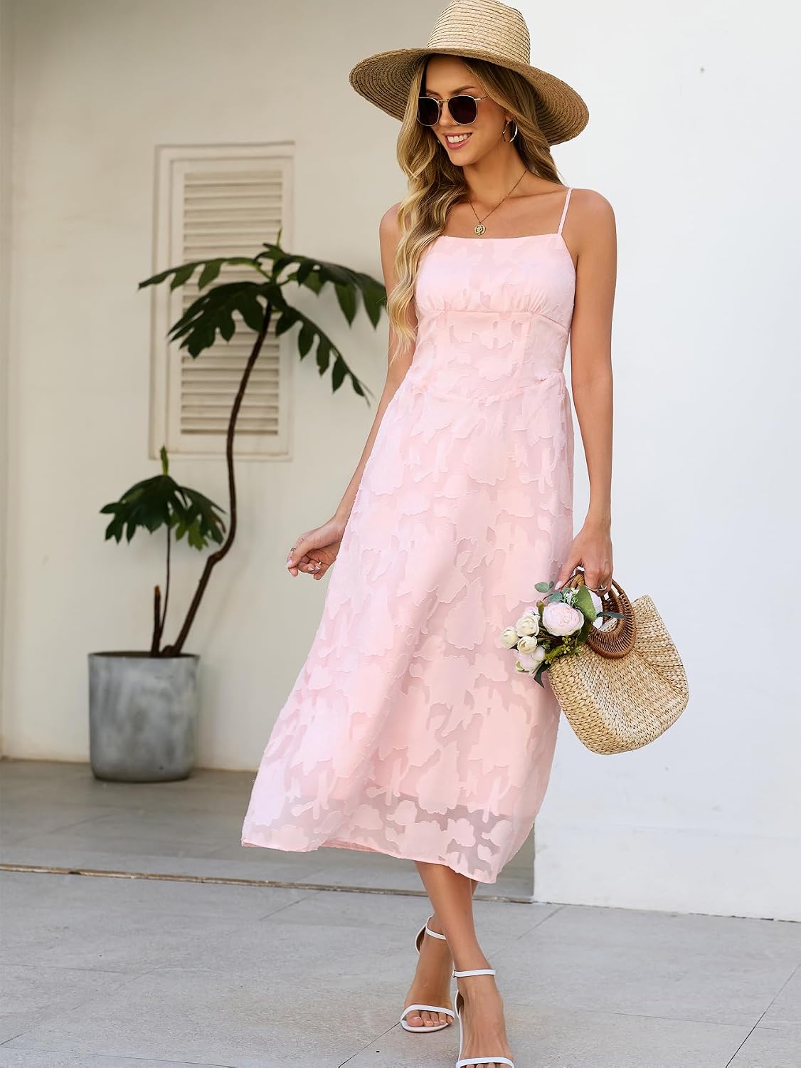 Kikibell Women's Jacquard A Line Dresses High Waist Formal Evening Party Gowns for Wedding Guest Spaghetti Straps Dress