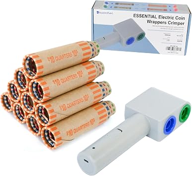 Electric Coin Wrappers Crimper Tool with 4,816 Assorted Preformed Coin Rolls 16+4,800 pcs - Color Coded Coin Wrapper & Crimping Set for Quarters, Pennies, Nickels, Dimes