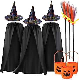 Jiuguva 12 Pcs Halloween Kids Witch Costume Accessories Set 3 Witch Cloak Witch Cape for 3-14 Years Old 3 Pcs Black Witch Hat 3 Wizard Flying Broom 3 Pumpkin Bags for Halloween Costume Cosplay Party