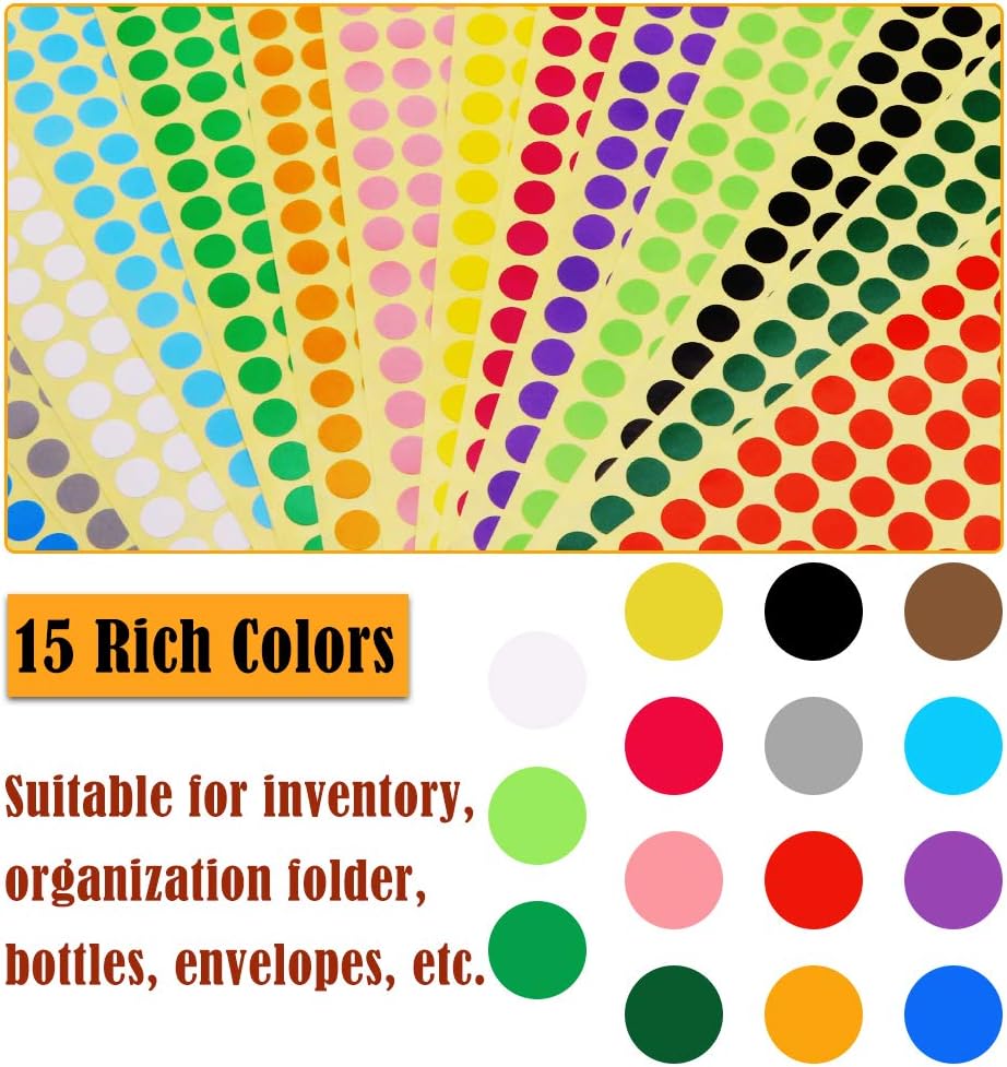 3000pcs 3/8" Color Coding Labels 10mm Round Self-Adhesive Colored Circle Dot Stickers 15 Different Assorted Colors for Multipurpose DIY