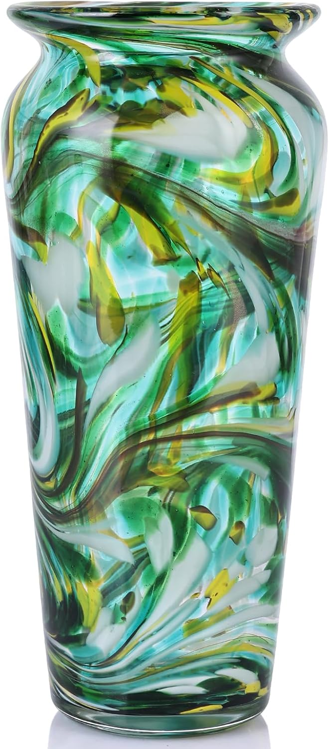Blown Glass Green vase, Green Home Decorations, Modern Art Wide Mouth vase for Living Room Dining Table Coffee Table entryway TV Cabinet nightstand Centerpiece.