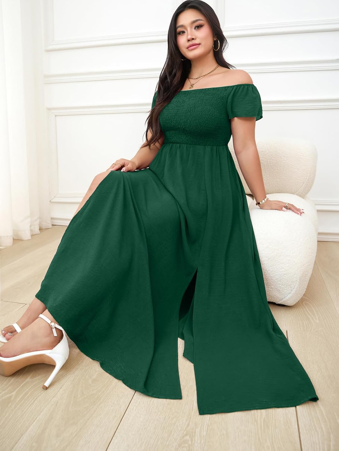 RWJ Womens Plus Size Wedding Guest Dress Summer Off Shoulder Short Sleeve Party Cocktail A-Line Split Long Maxi Dresses - Image 4